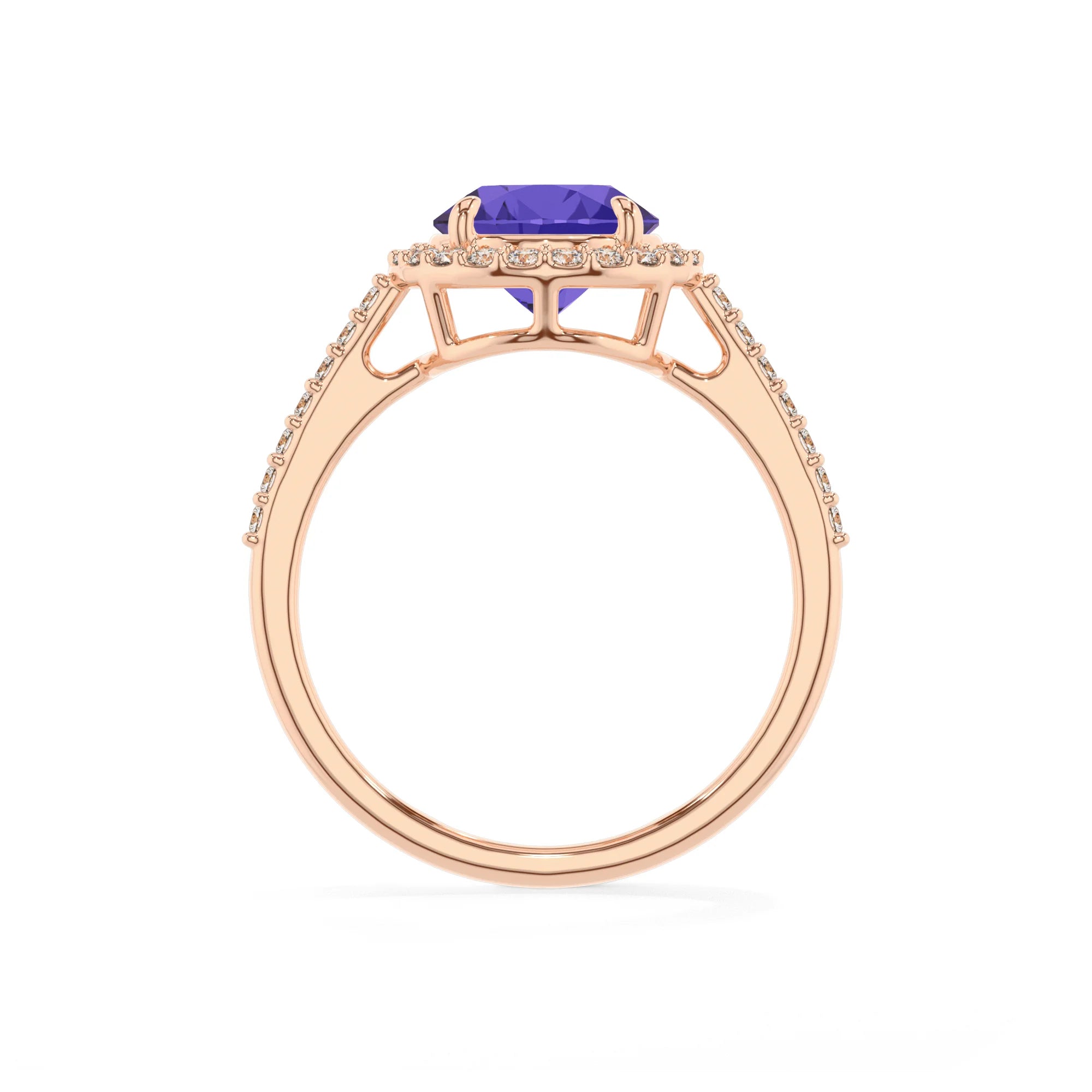 lab grown tanzanite round solitaire rings in rose gold