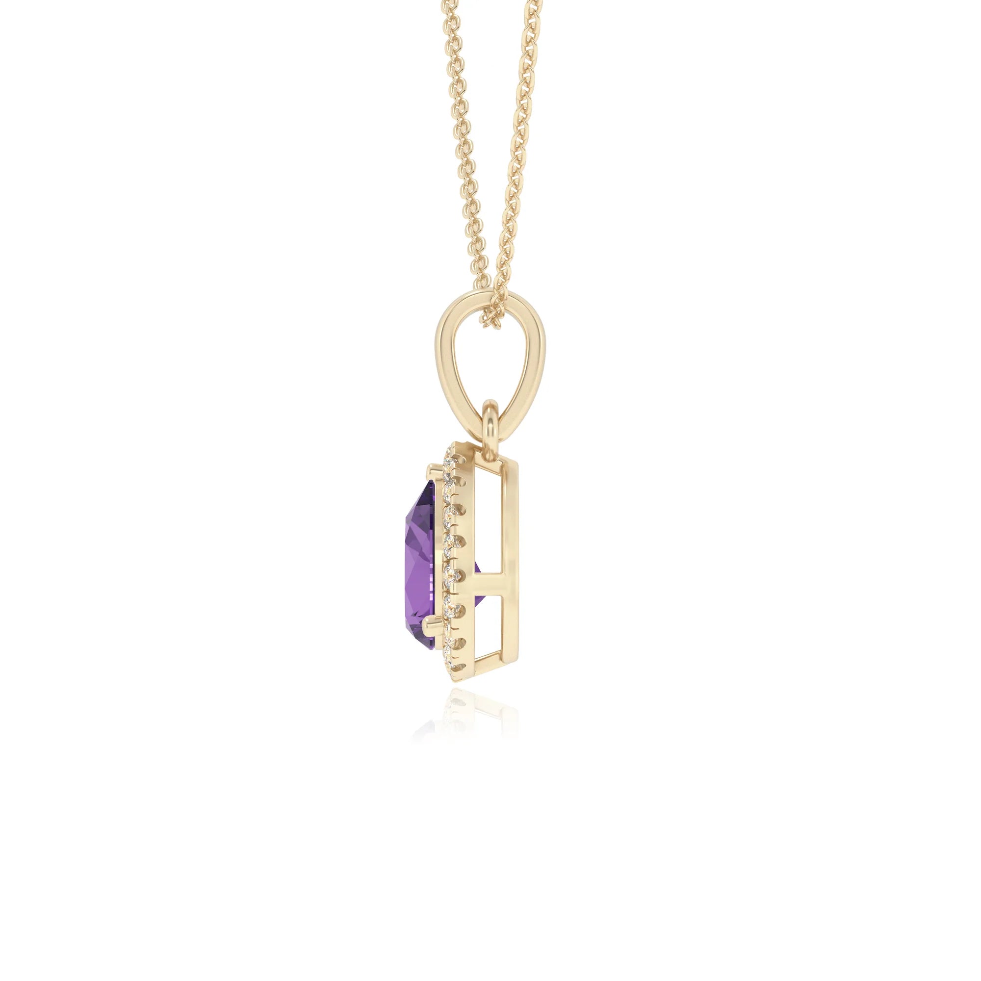lab grown amethyst pear solitaire necklaces in yellow gold