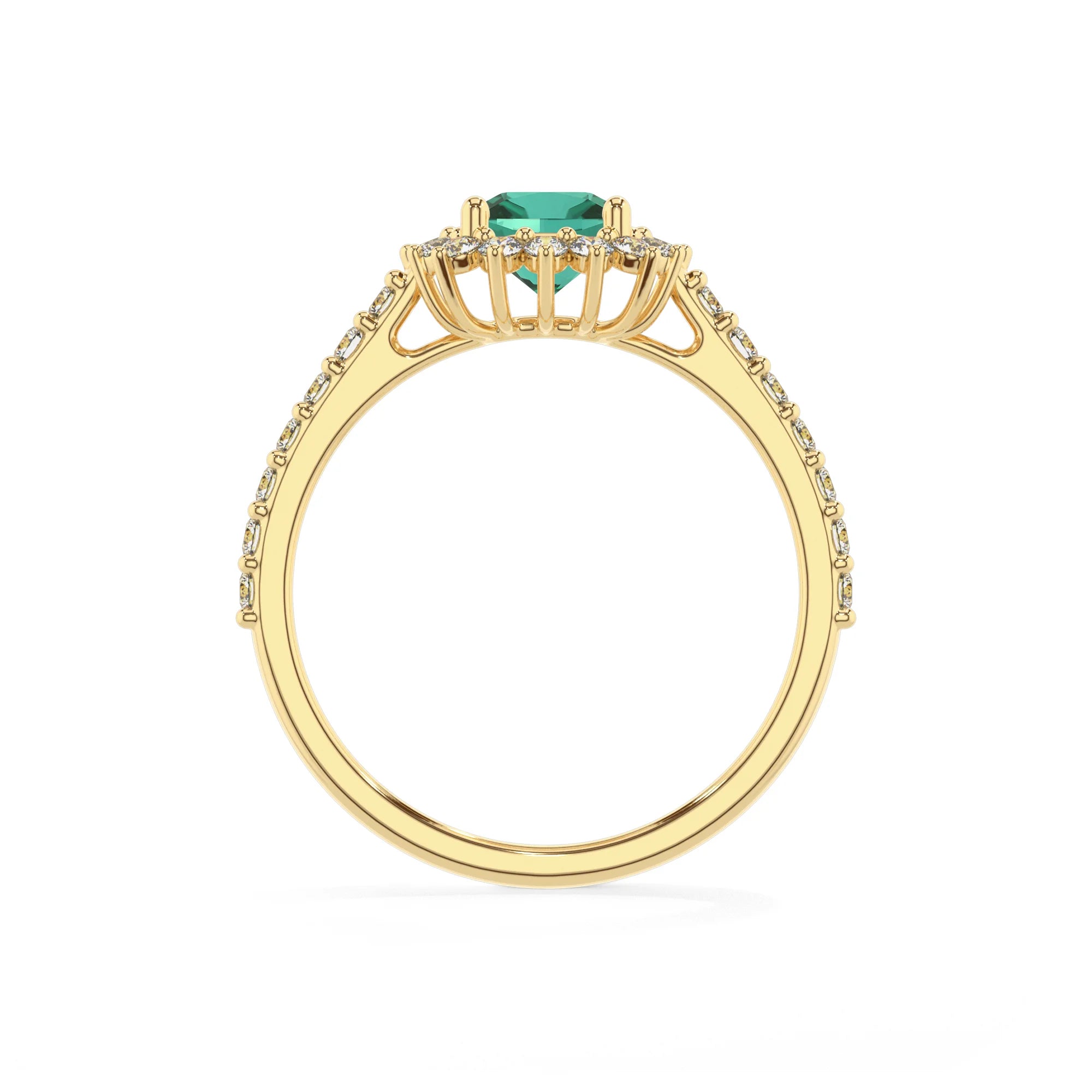 lab grown emerald cushion solitaire rings in yellow gold