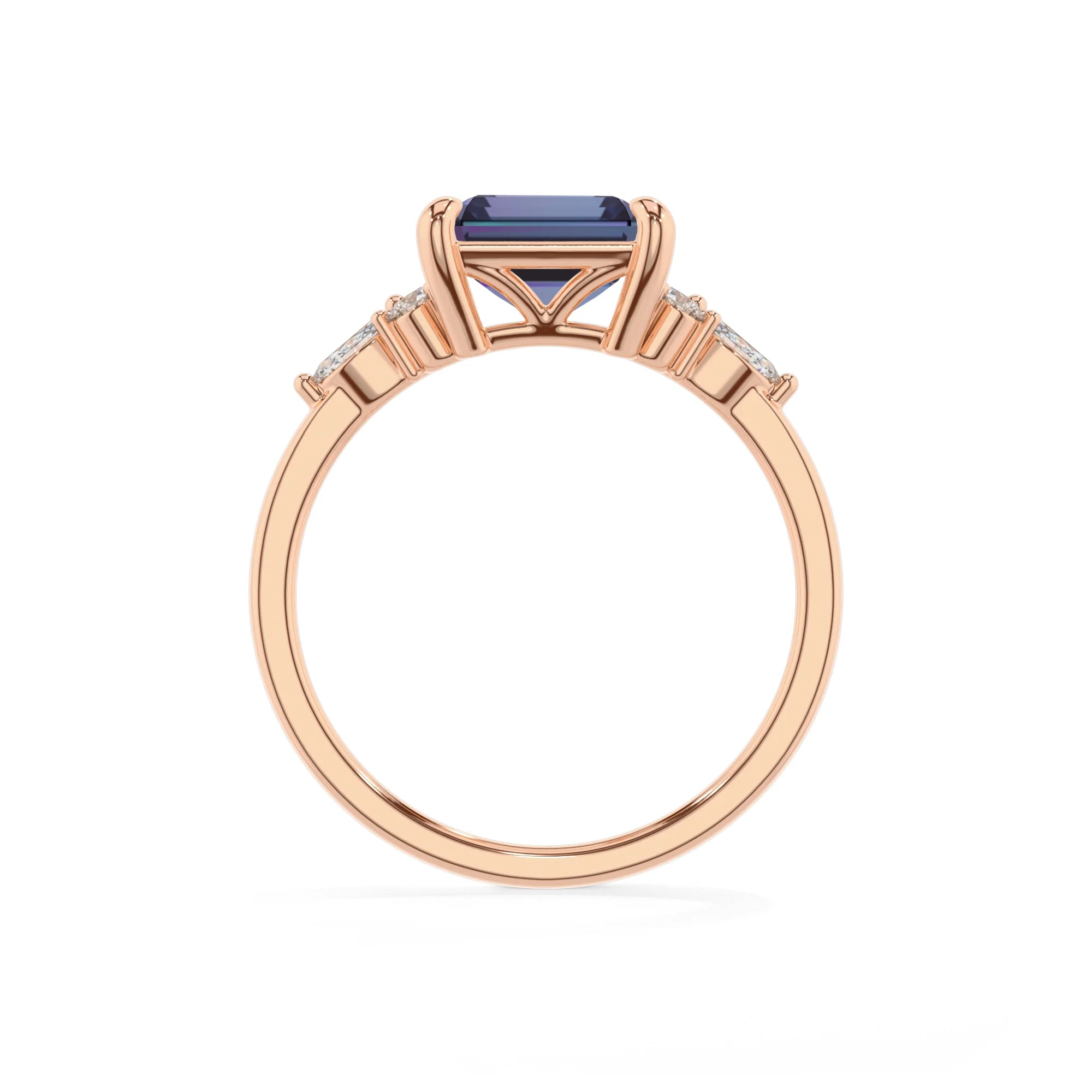 lab grown alexandrite emerald cut solitaire rings in rose gold