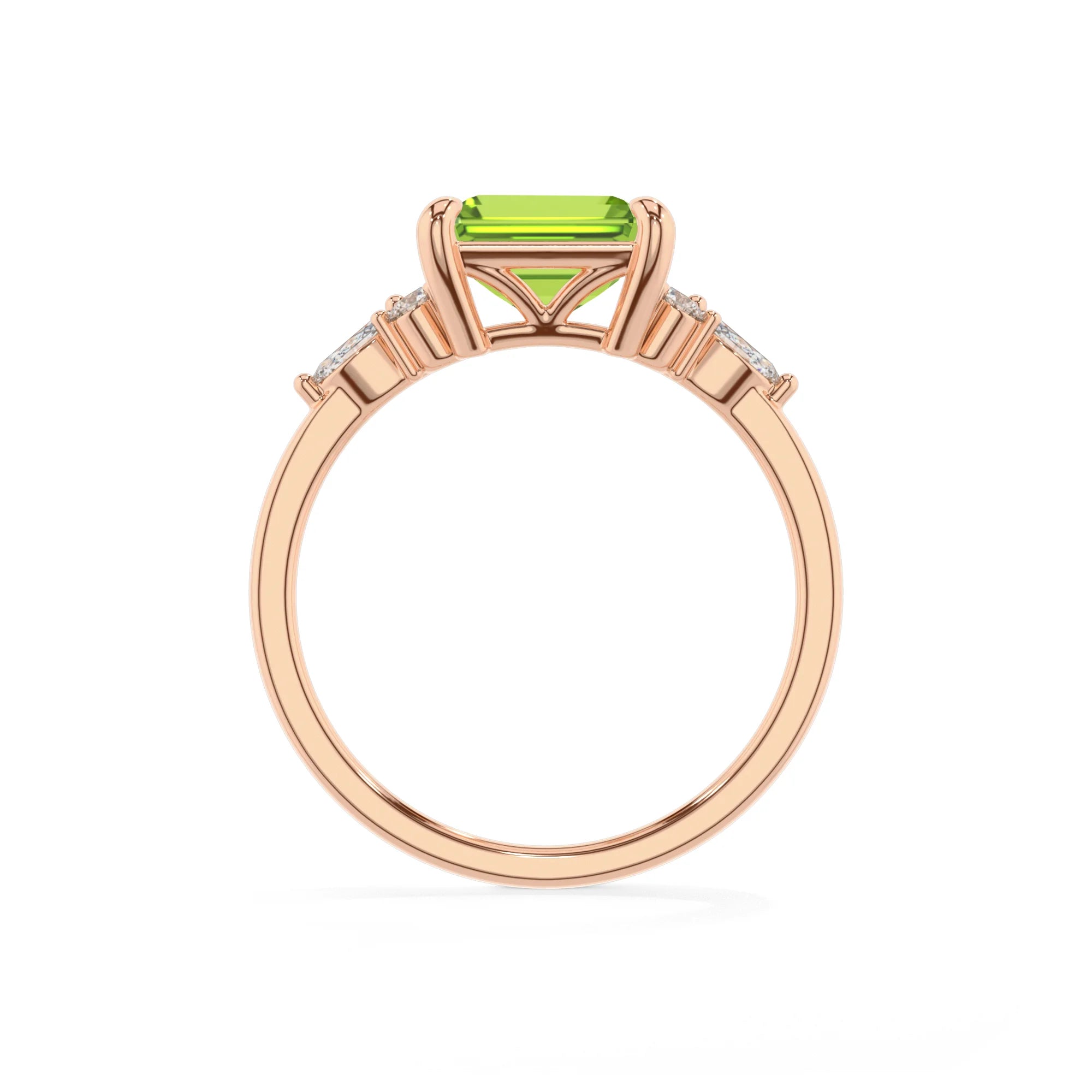 natural peridot emerald cut solitaire rings in rose gold