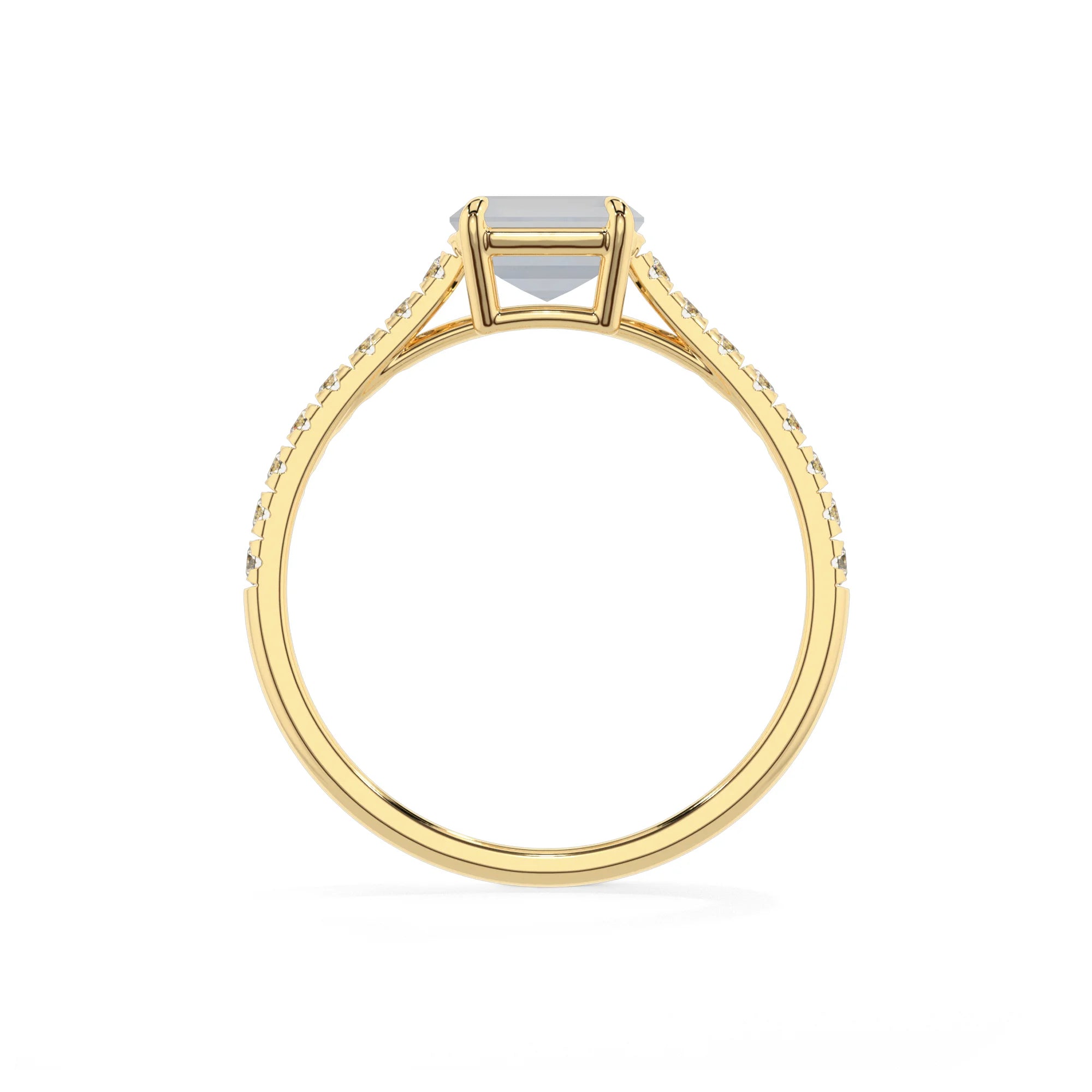 natural rainbow-moonstone emerald cut half eternity solitaire engagement rings in yellow gold