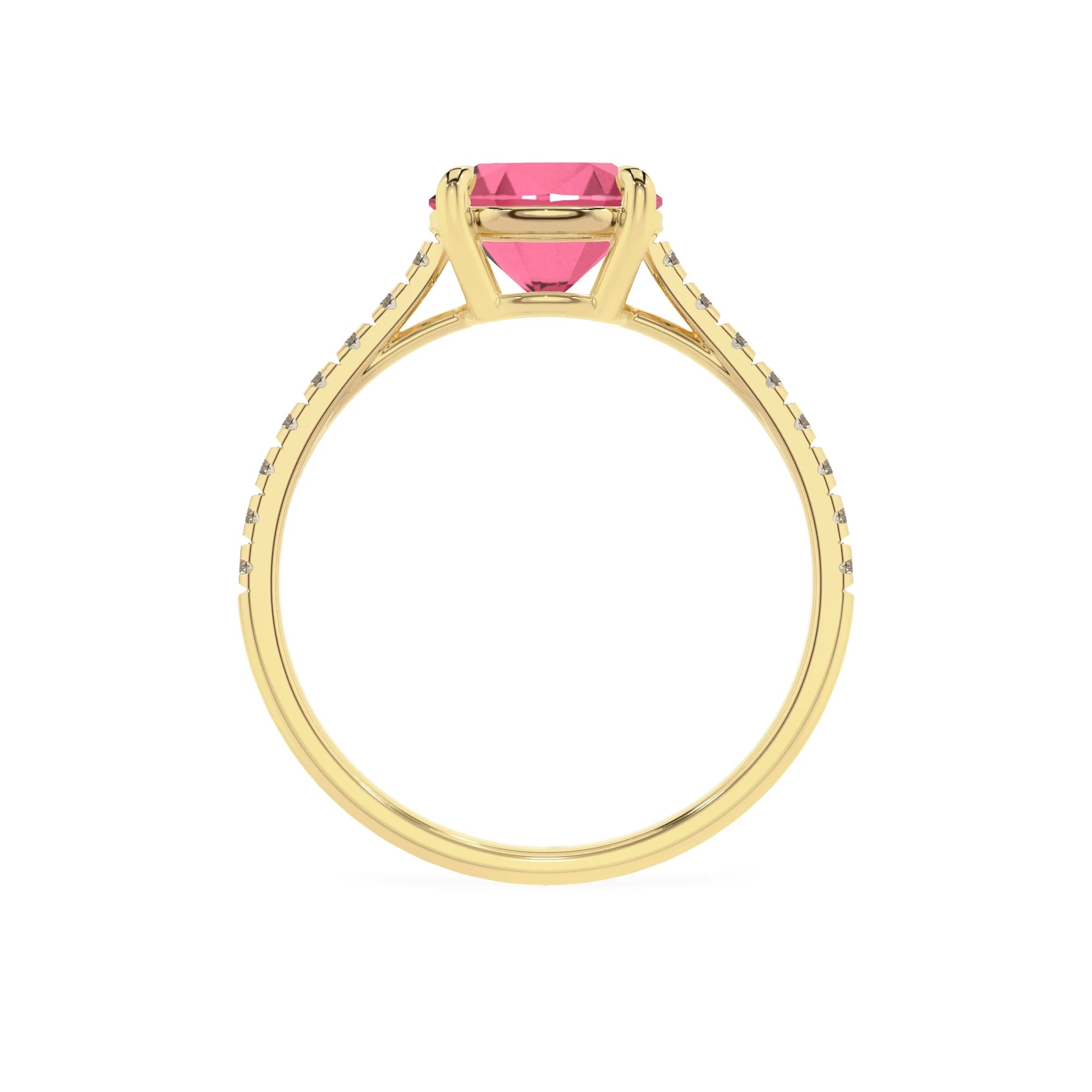 lab grown pink-tourmaline round half eternity solitaire engagement rings in yellow gold