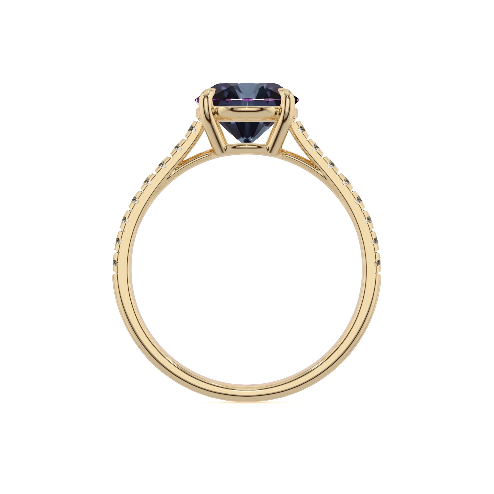 lab grown alexandrite round half eternity solitaire engagement rings in yellow gold