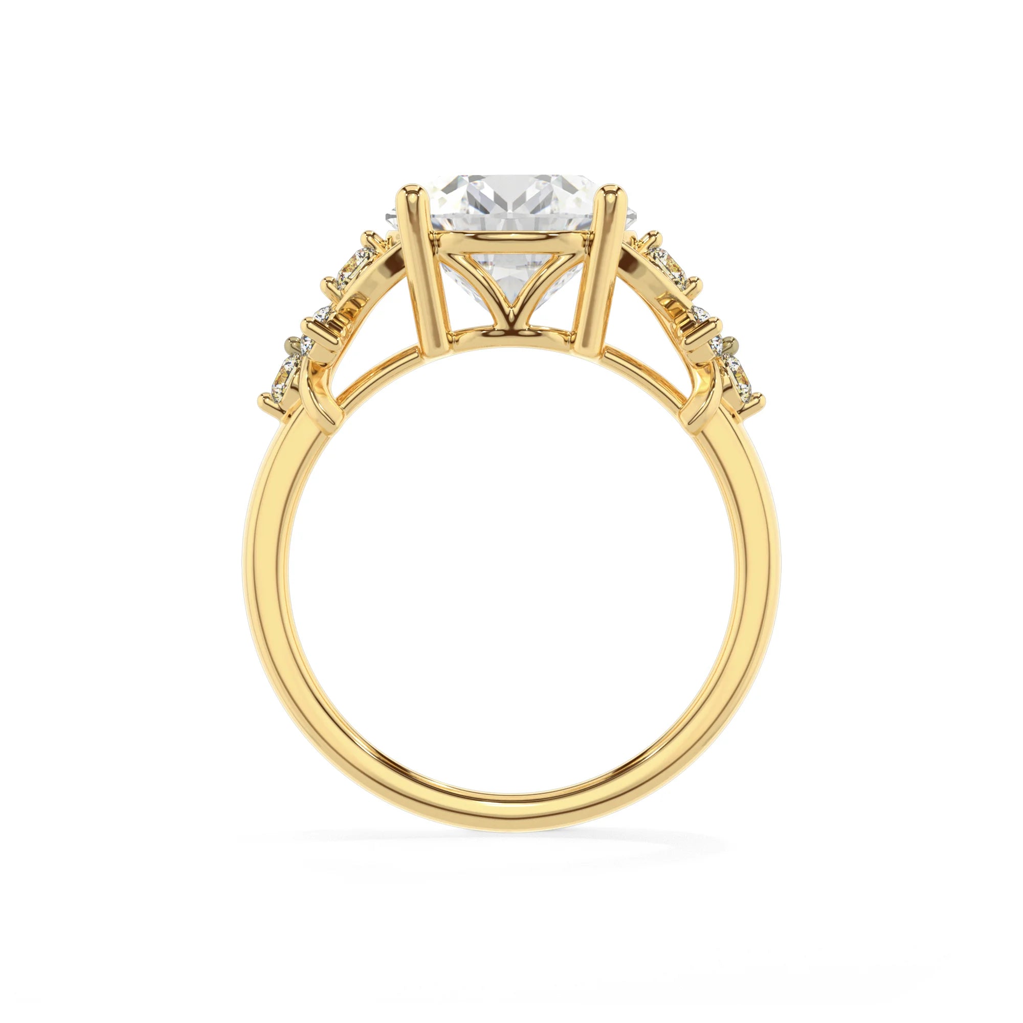 lab grown moissanite round solitaire rings in yellow gold