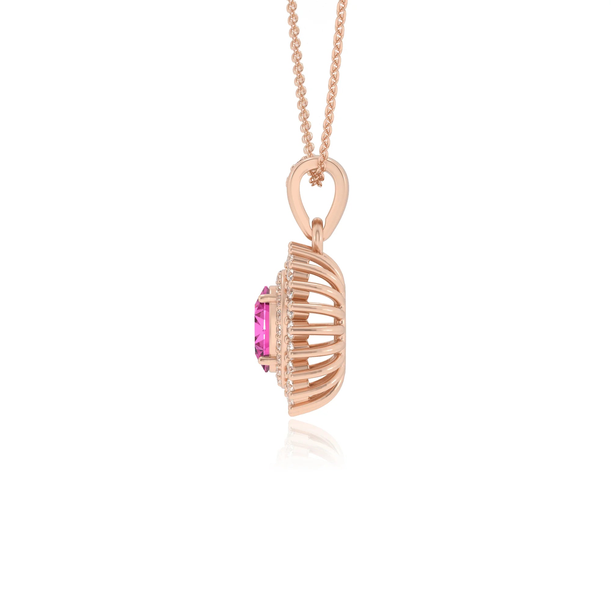 lab grown pink-sapphire oval halo necklaces in rose gold