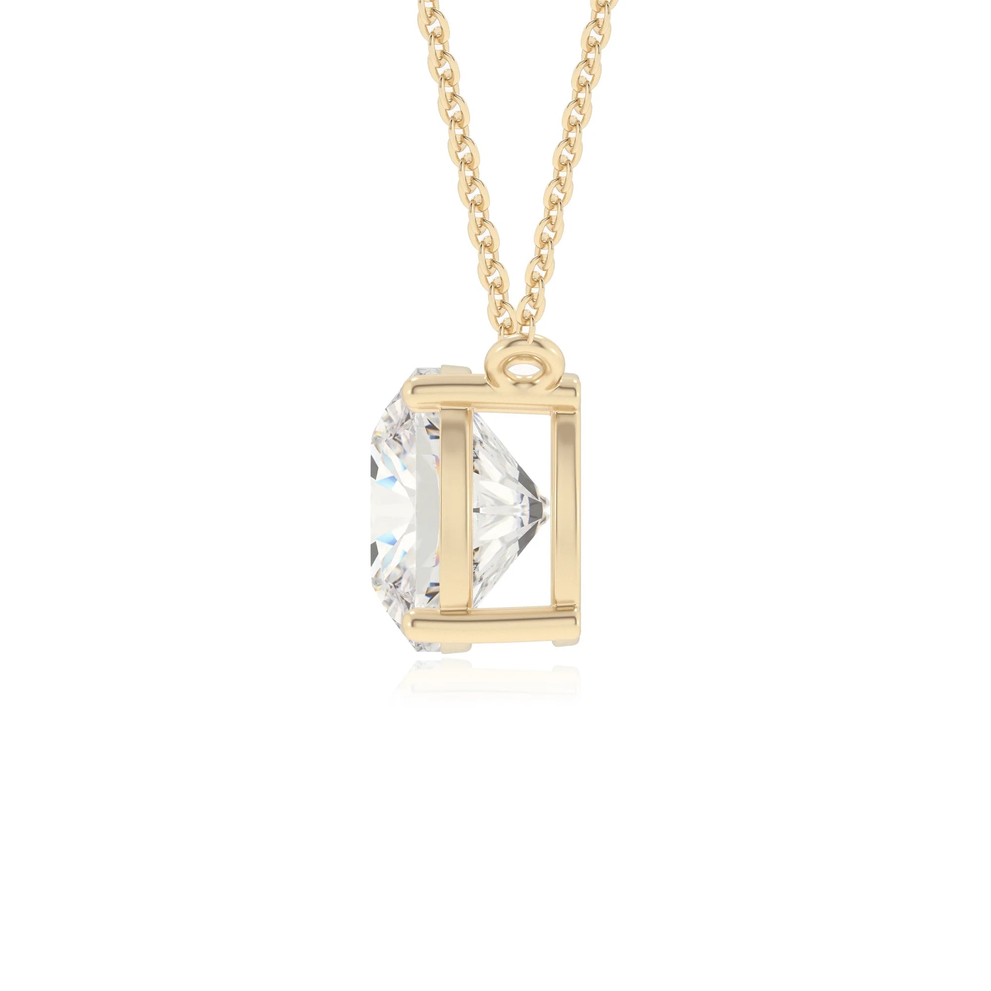 lab grown moissanite cushion solitaire necklaces in yellow gold
