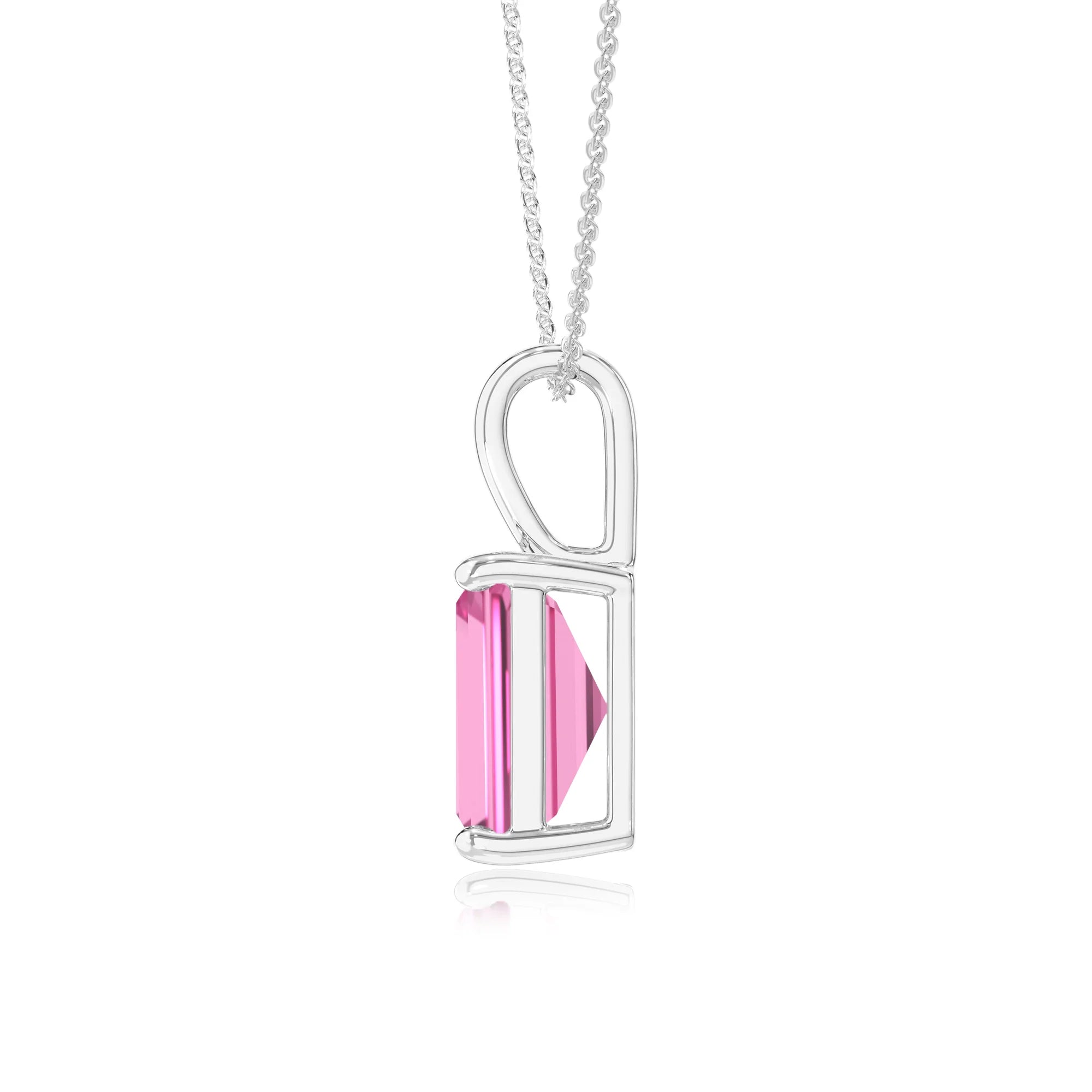 lab grown pink-sapphire emerald cut solitaire necklaces in platinum