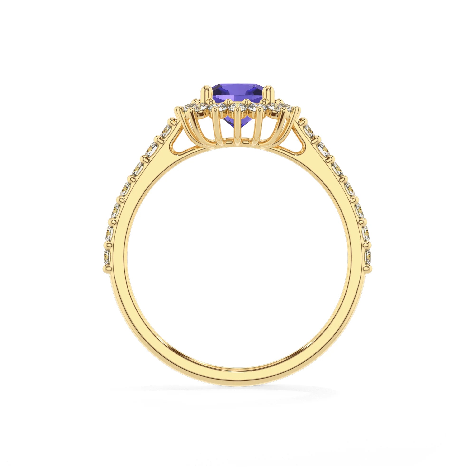 lab grown tanzanite cushion solitaire rings in yellow gold