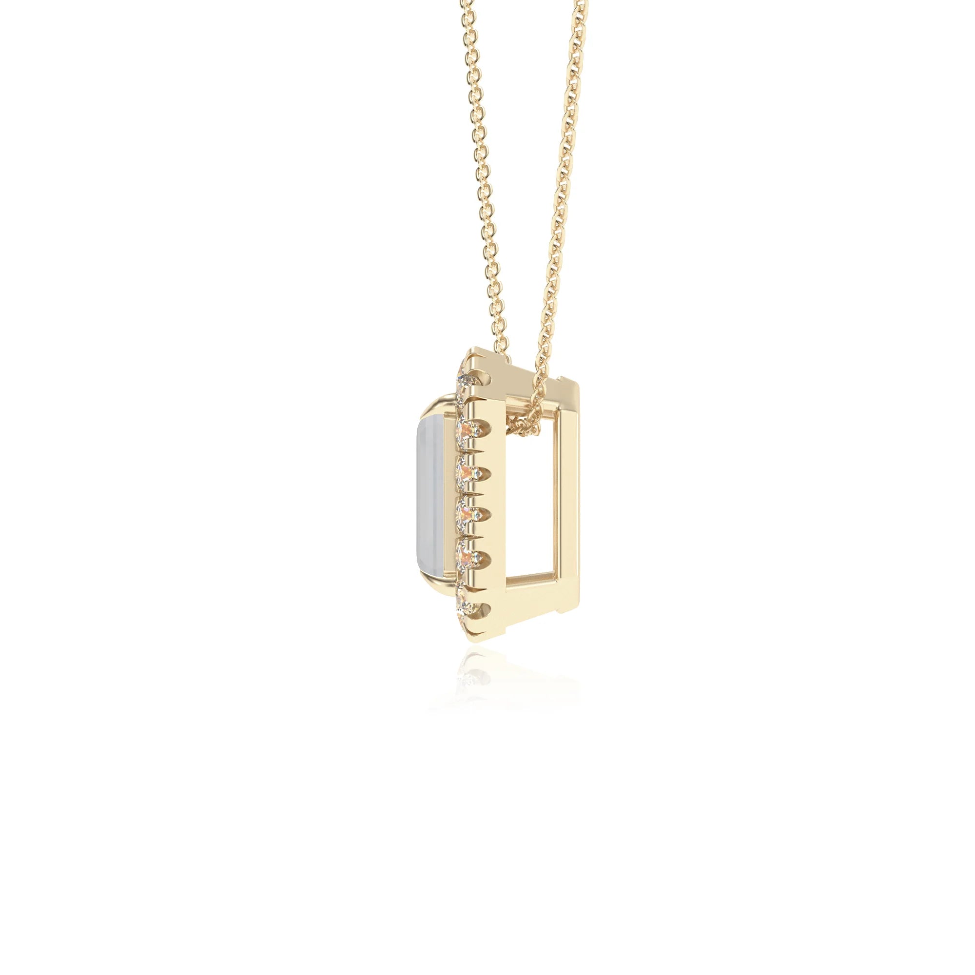 natural rainbow moonstone emerald cut solitaire necklaces in yellow gold