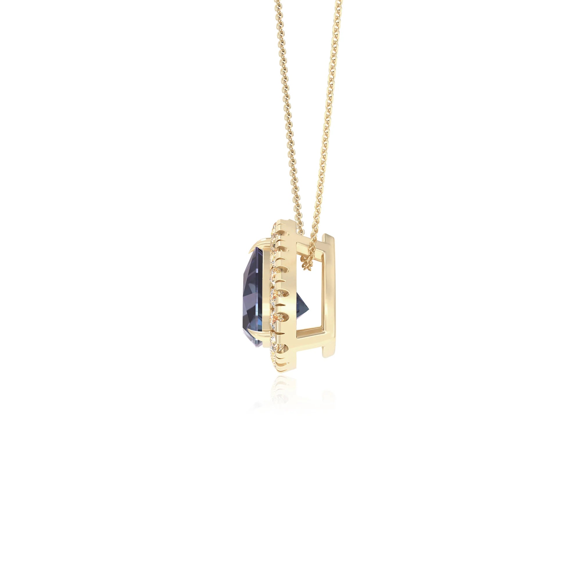 lab grown alexandrite trillion solitaire necklaces in yellow gold