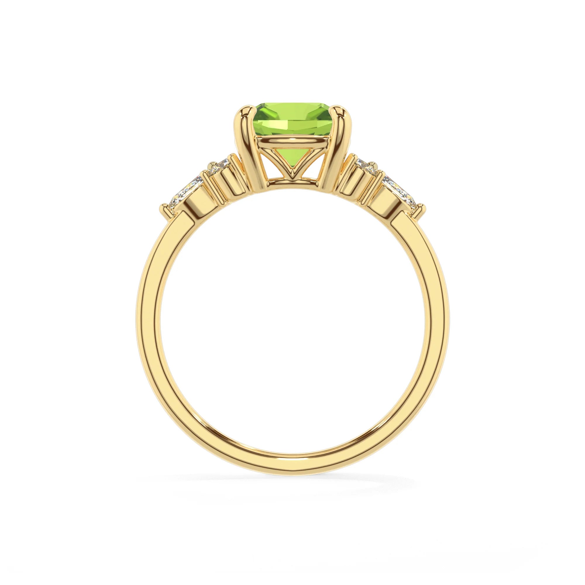 natural peridot cushion solitaire rings in yellow gold