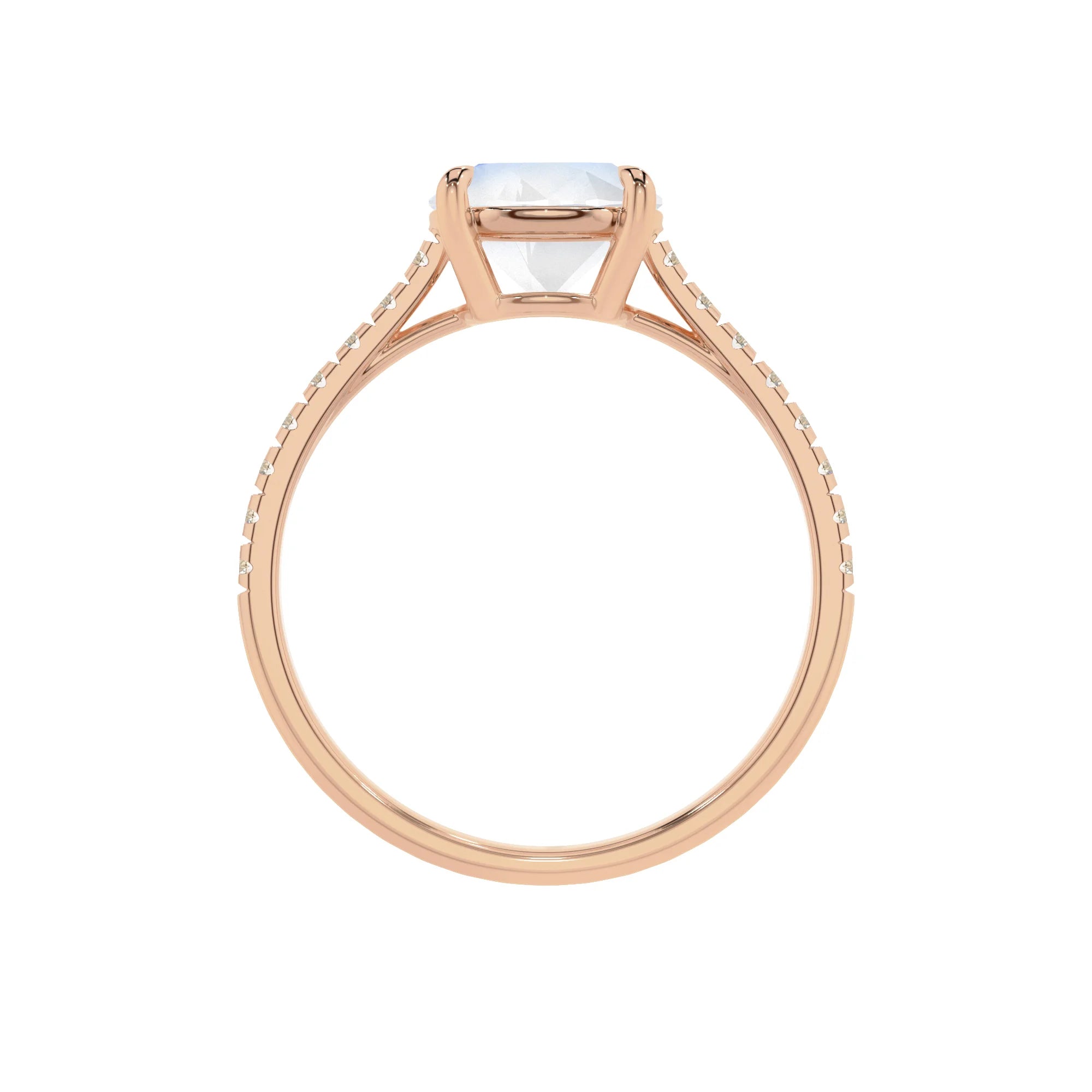 natural rainbow-moonstone round half eternity solitaire engagement rings in rose gold