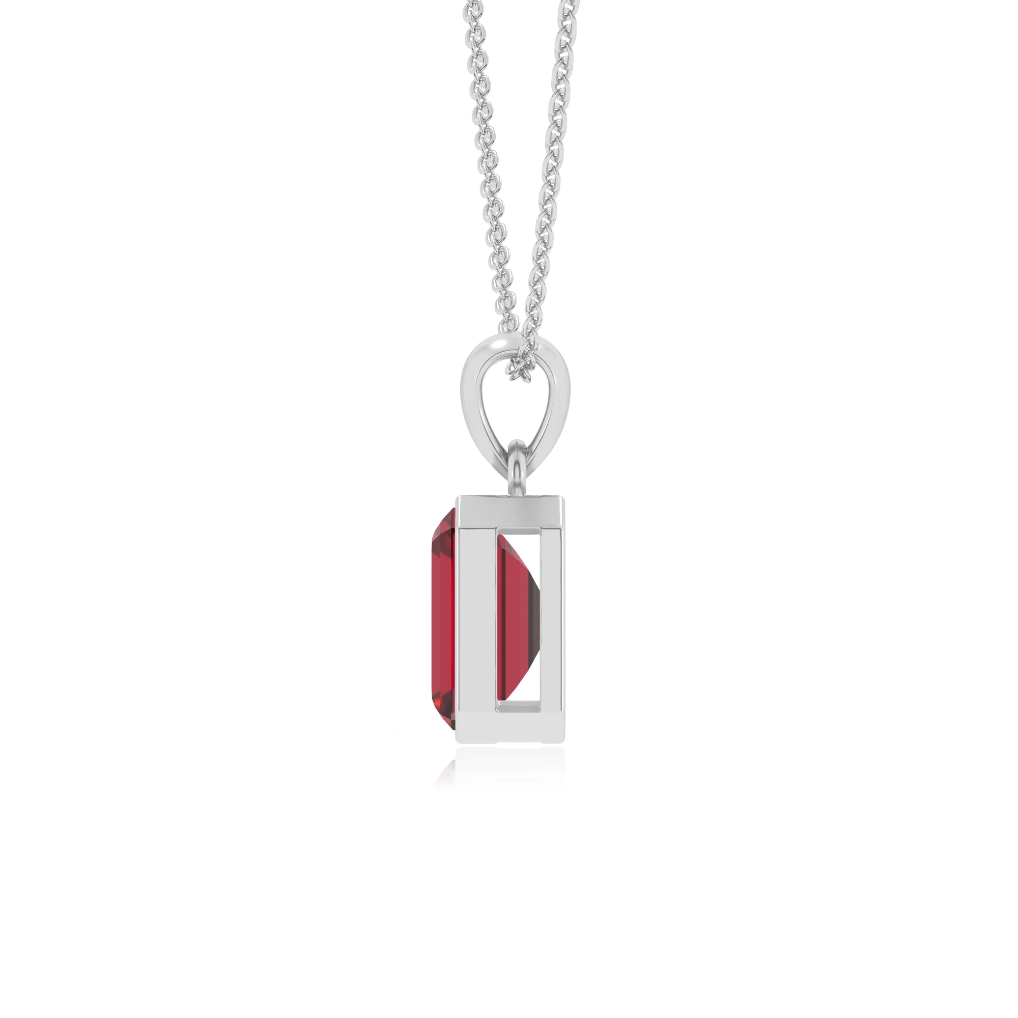 lab grown ruby emerald cut solitaire necklaces in white gold