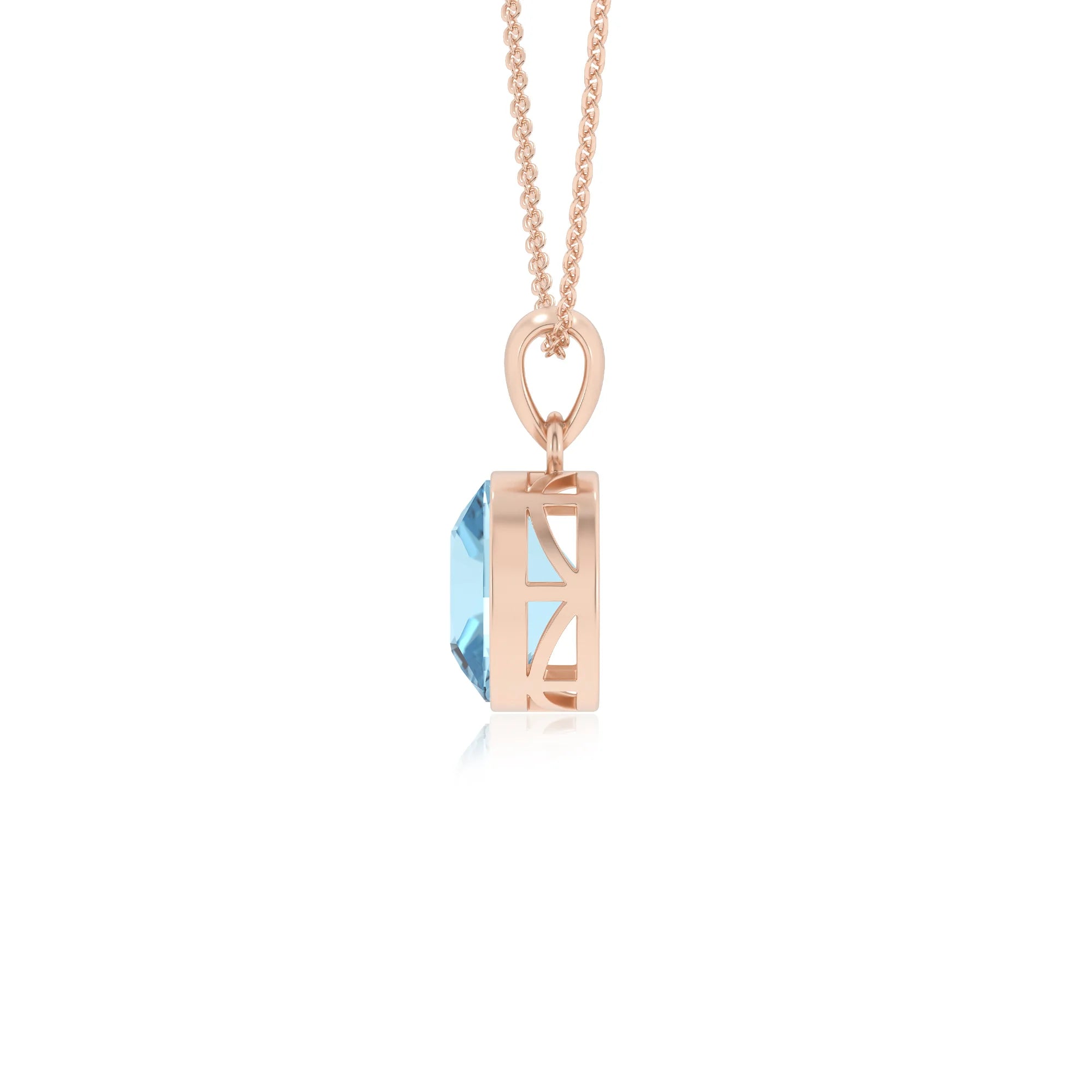 lab grown aquamarine cushion solitaire necklaces in rose gold