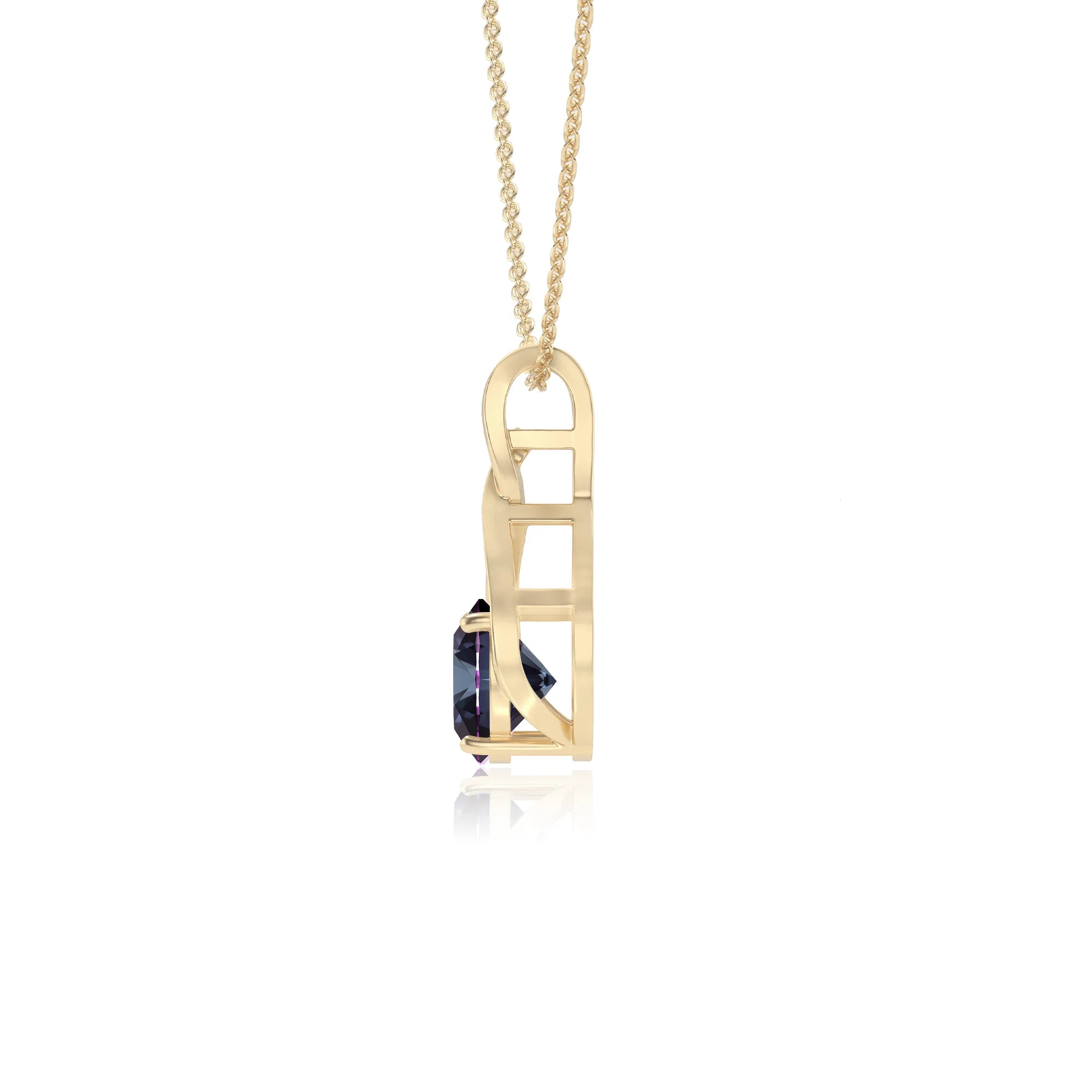 lab grown alexandrite round solitaire necklaces in yellow gold