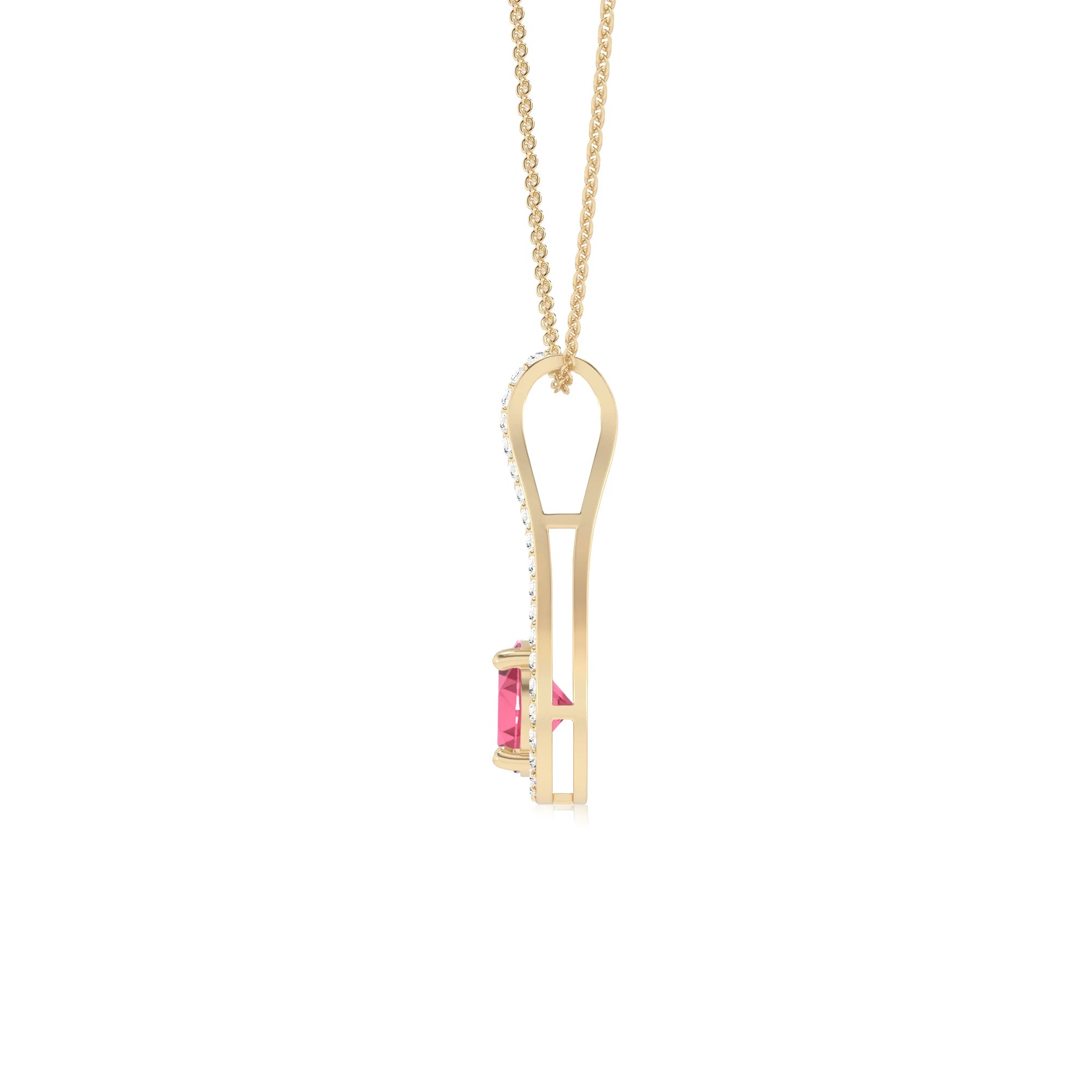 lab grown pink-tourmaline round solitaire v-bale necklaces in yellow gold