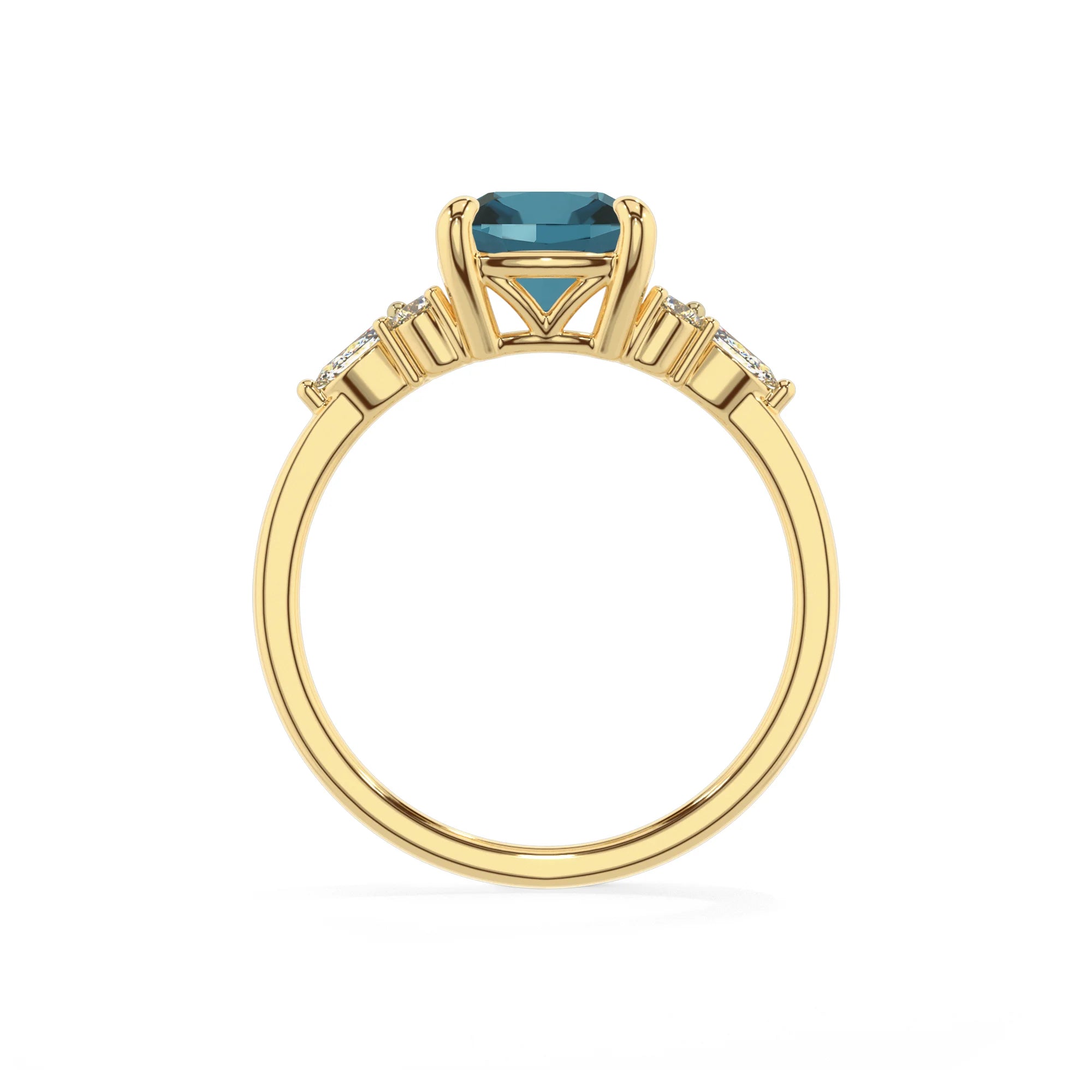 natural london-blue-topaz cushion solitaire rings in yellow gold