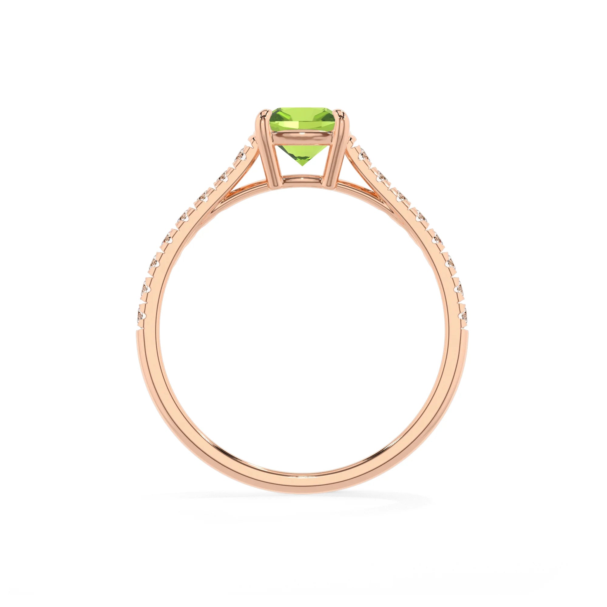 natural peridot cushion half eternity solitaire engagement rings in rose gold