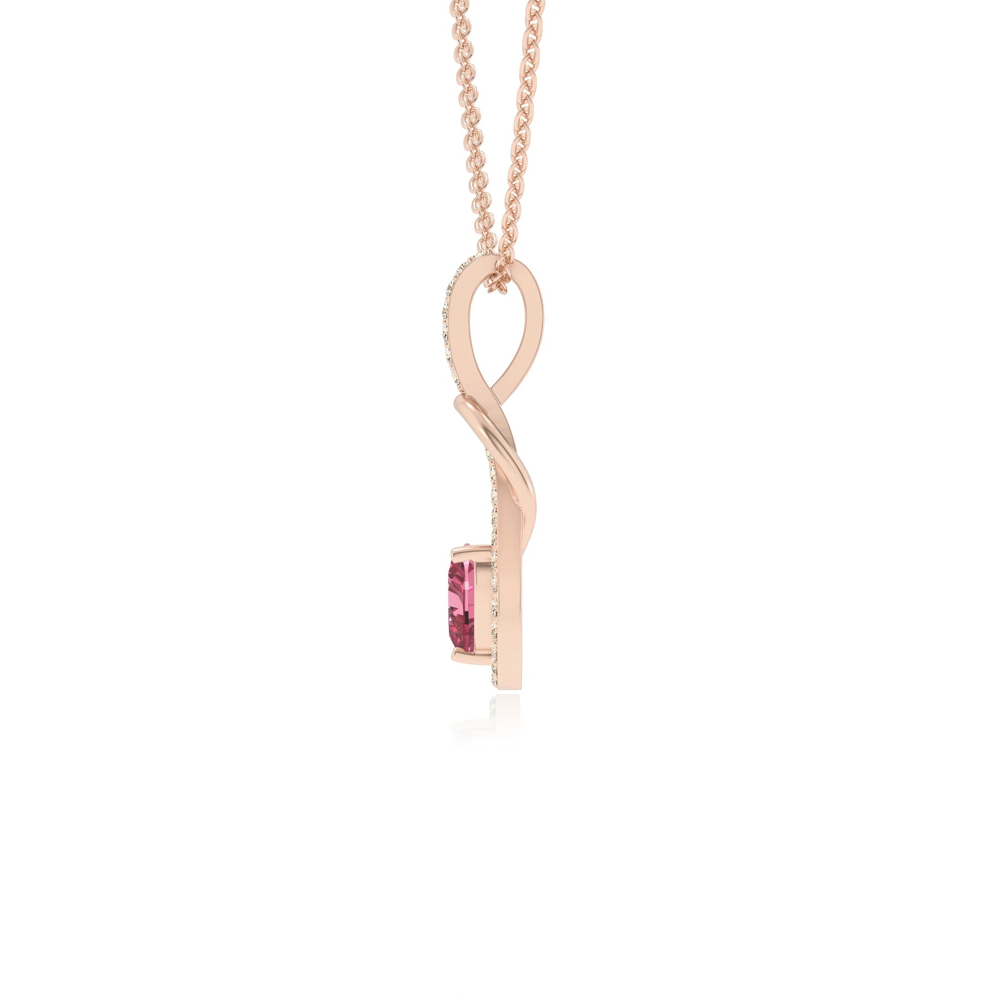 lab grown pink-tourmaline heart infinity v-bale necklaces in rose gold