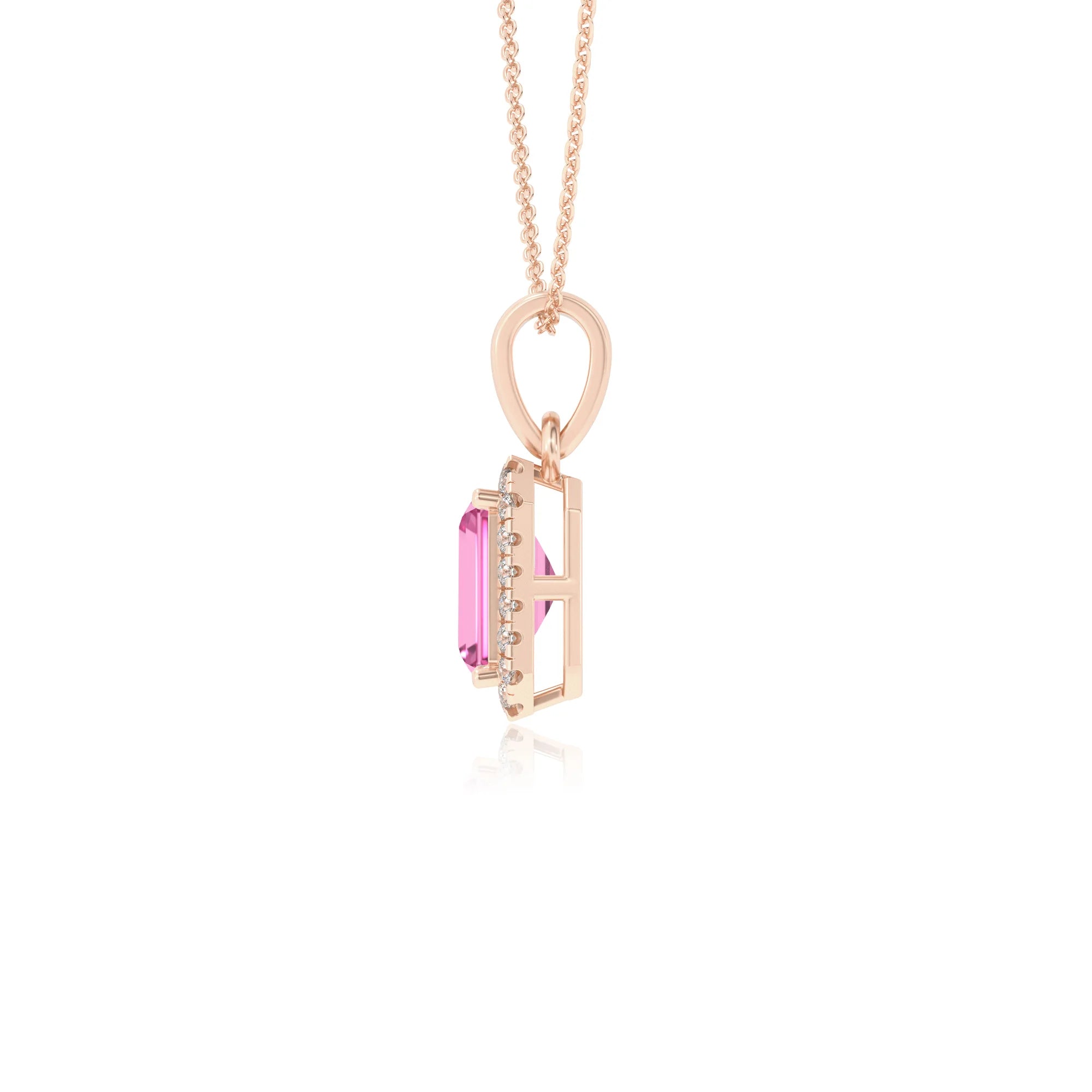 lab grown pink-sapphire emerald cut solitaire necklaces in rose gold