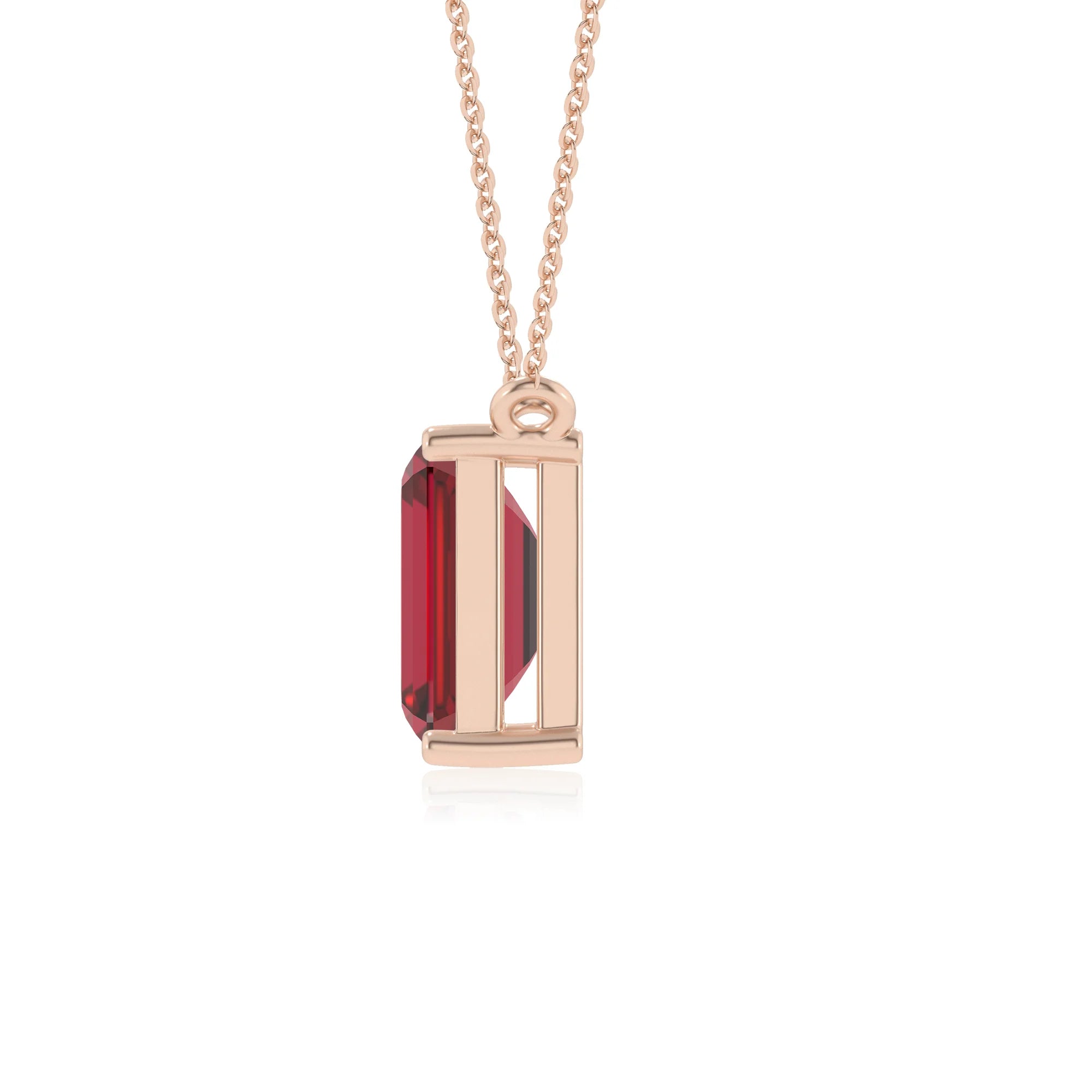 lab grown ruby emerald cut solitaire necklaces in rose gold