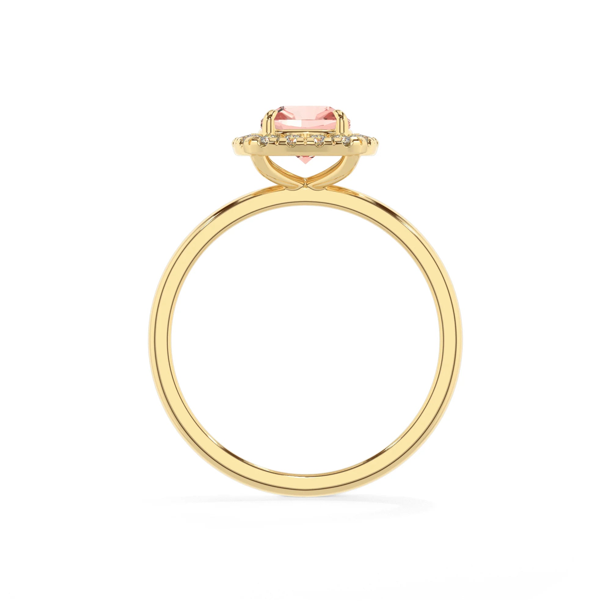 lab grown morganite cushion solitaire rings in yellow gold