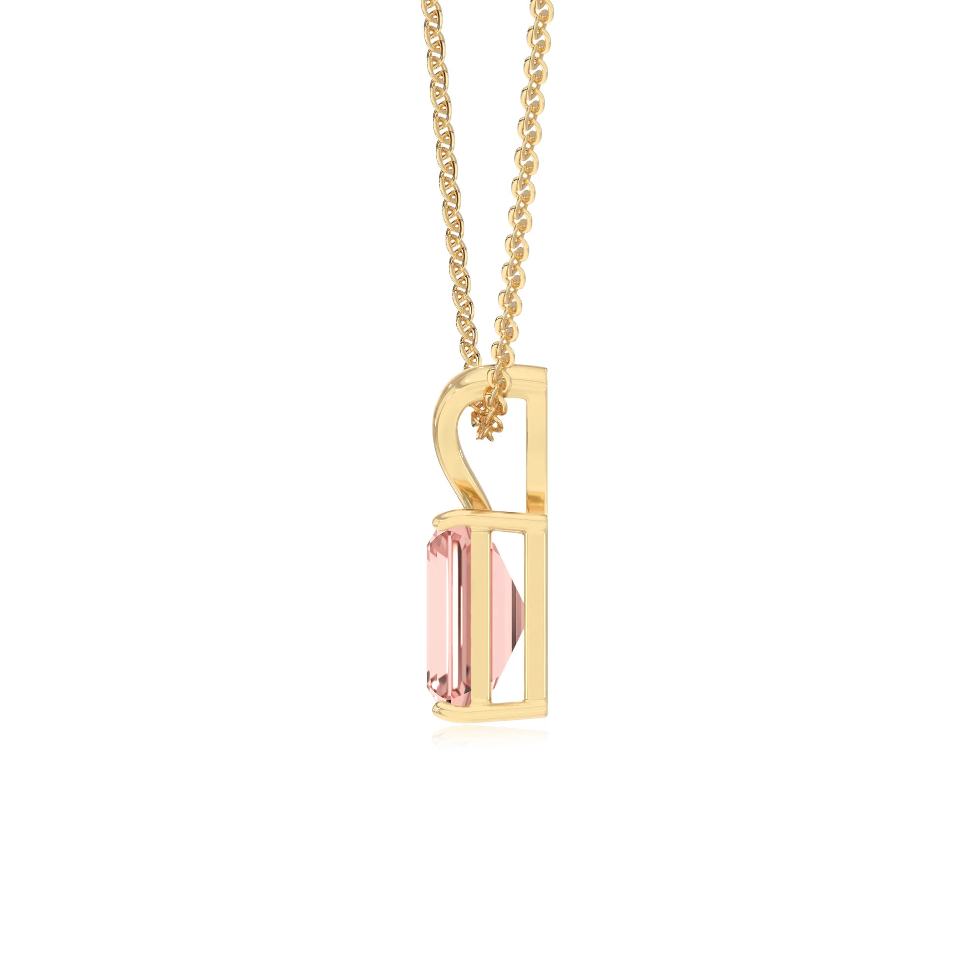 lab grown morganite emerald cut solitaire v-bale necklaces in yellow gold