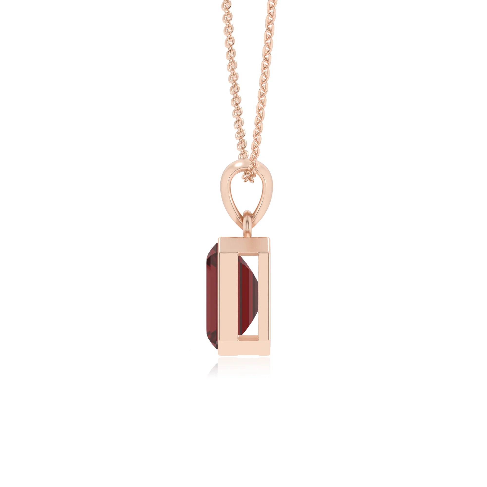 natural garnet emerald cut solitaire necklaces in rose gold