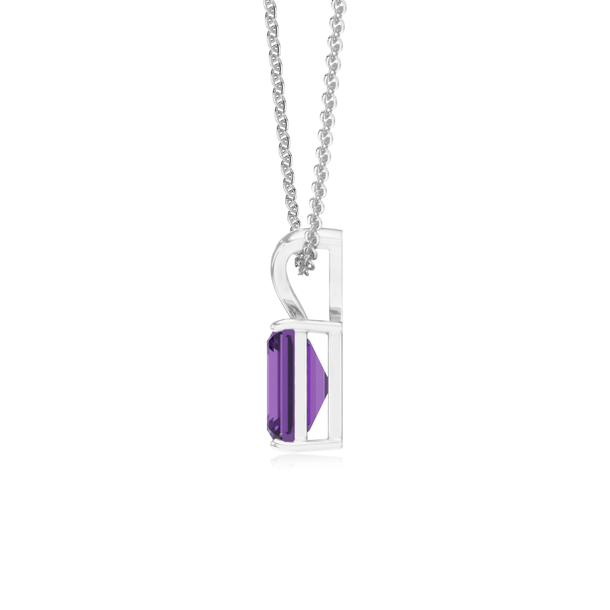 lab grown amethyst emerald cut solitaire v-bale necklaces in white gold