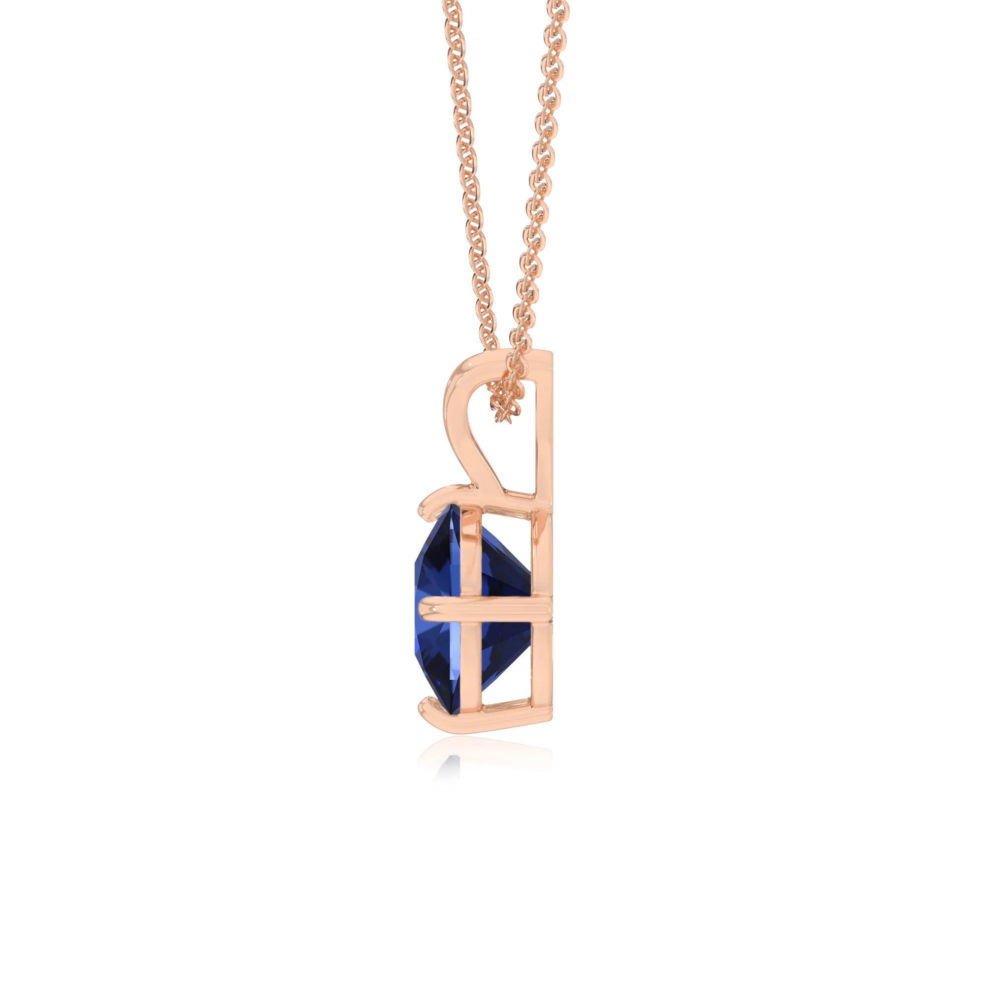 lab grown blue-sapphire cushion solitaire v-bale necklaces in rose gold