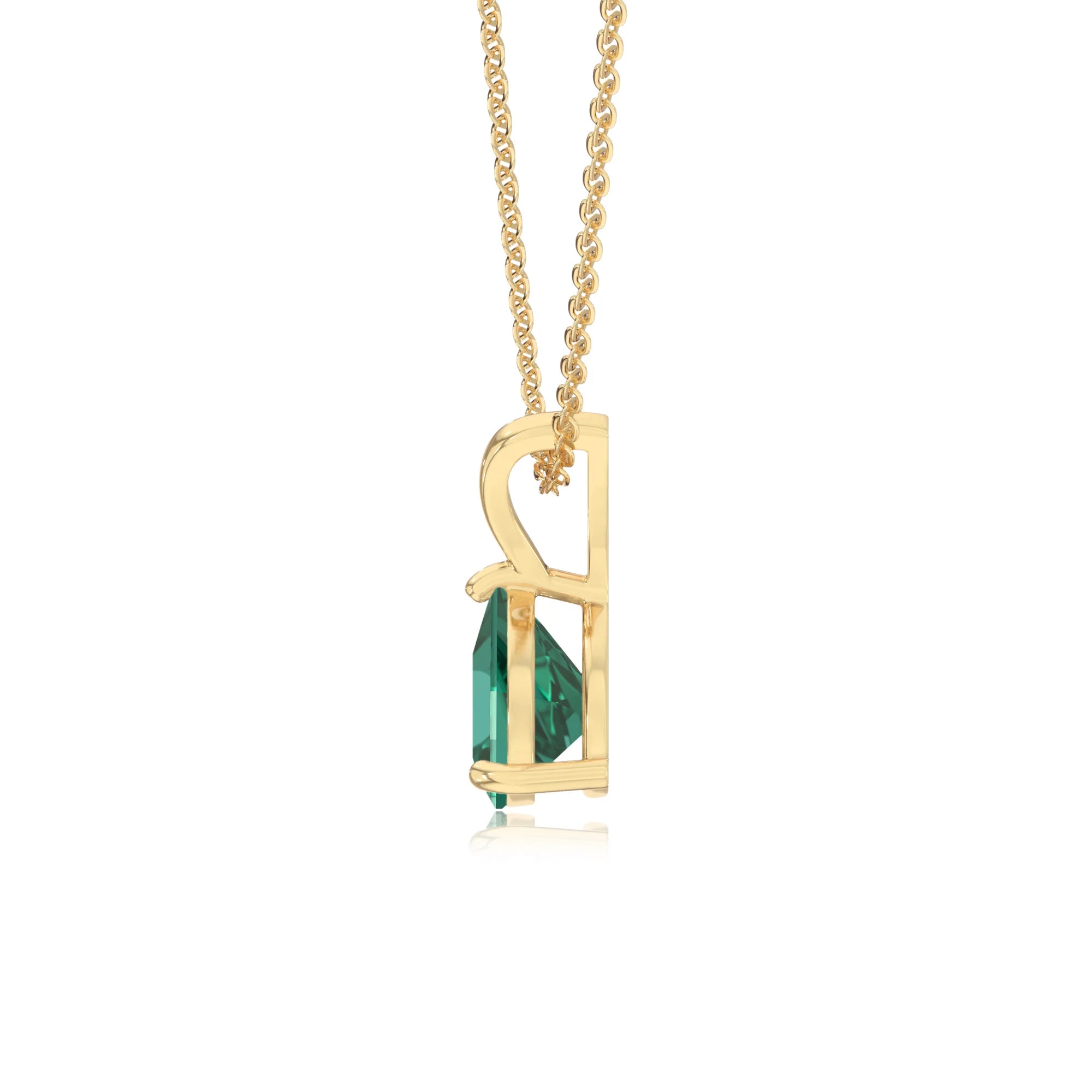 lab grown emerald trillion solitaire v-bale necklaces in yellow gold