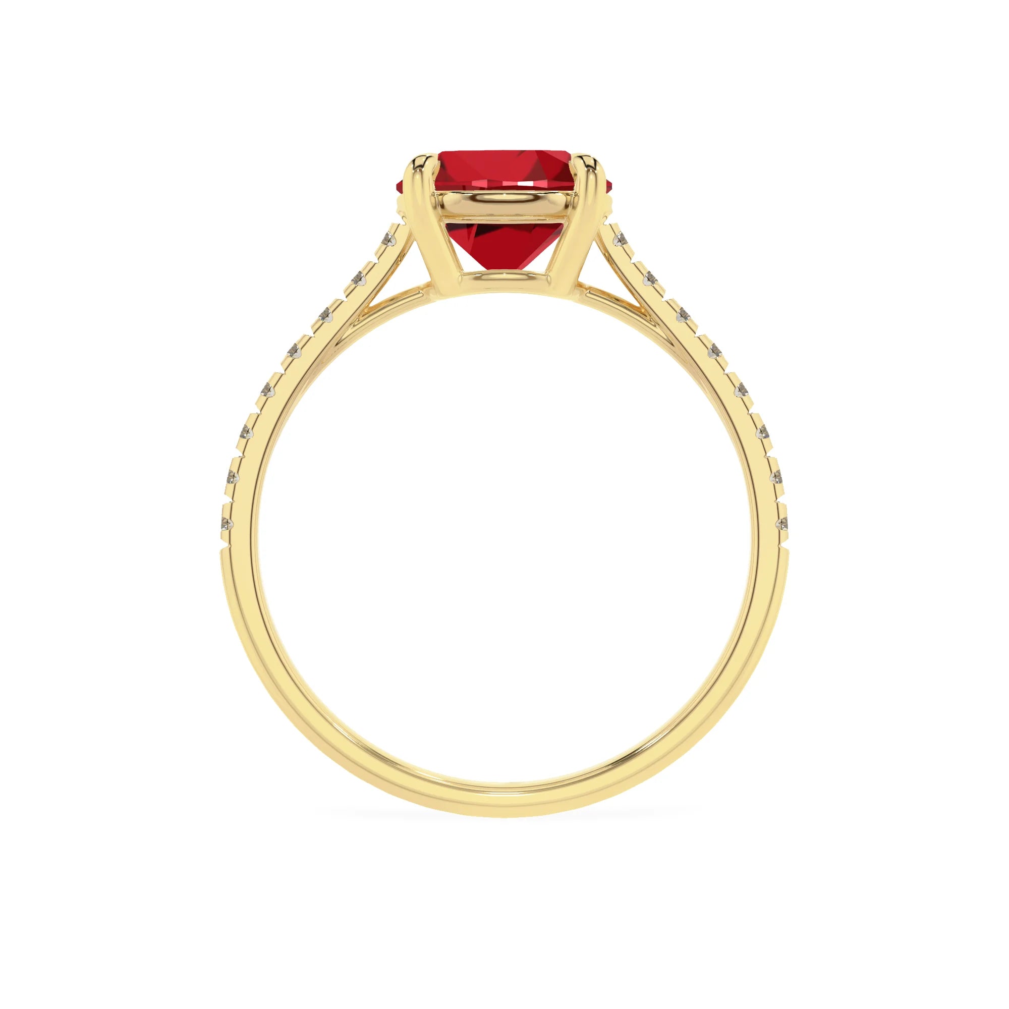 lab grown ruby round half eternity solitaire engagement rings in yellow gold