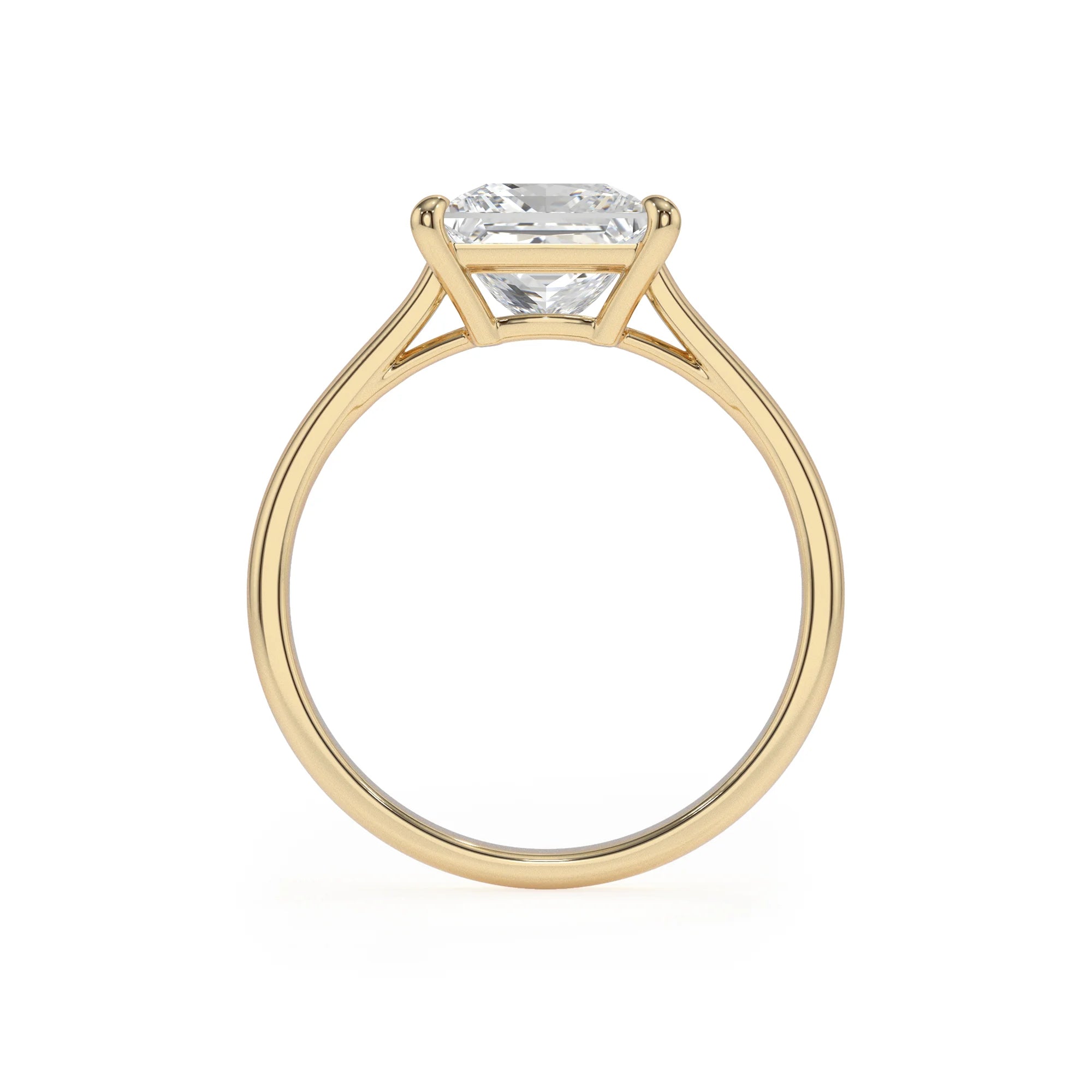 lab grown moissanite princess solitaire rings in yellow gold