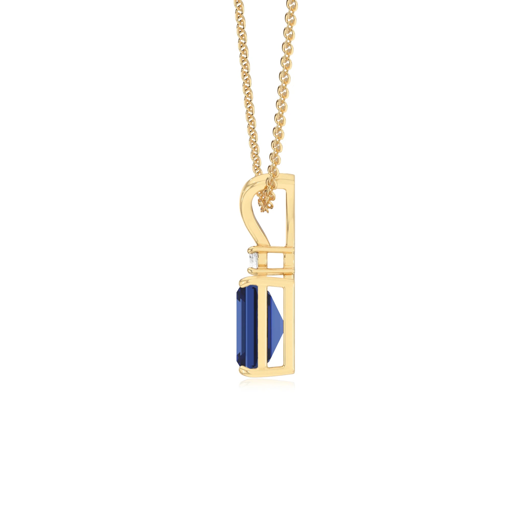 lab grown blue-sapphire emerald cut solitaire v-bale necklaces in yellow gold