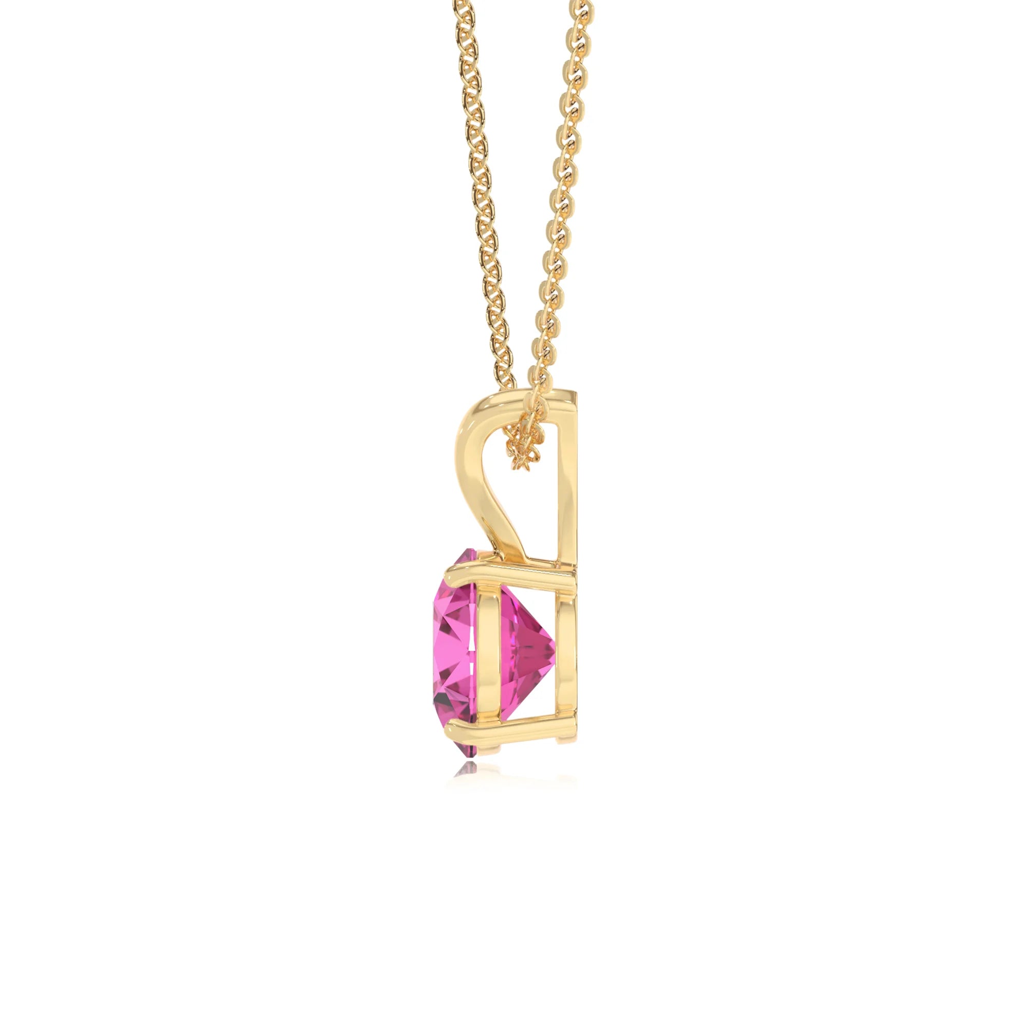 lab grown pink-sapphire round solitaire v-bale necklaces in yellow gold