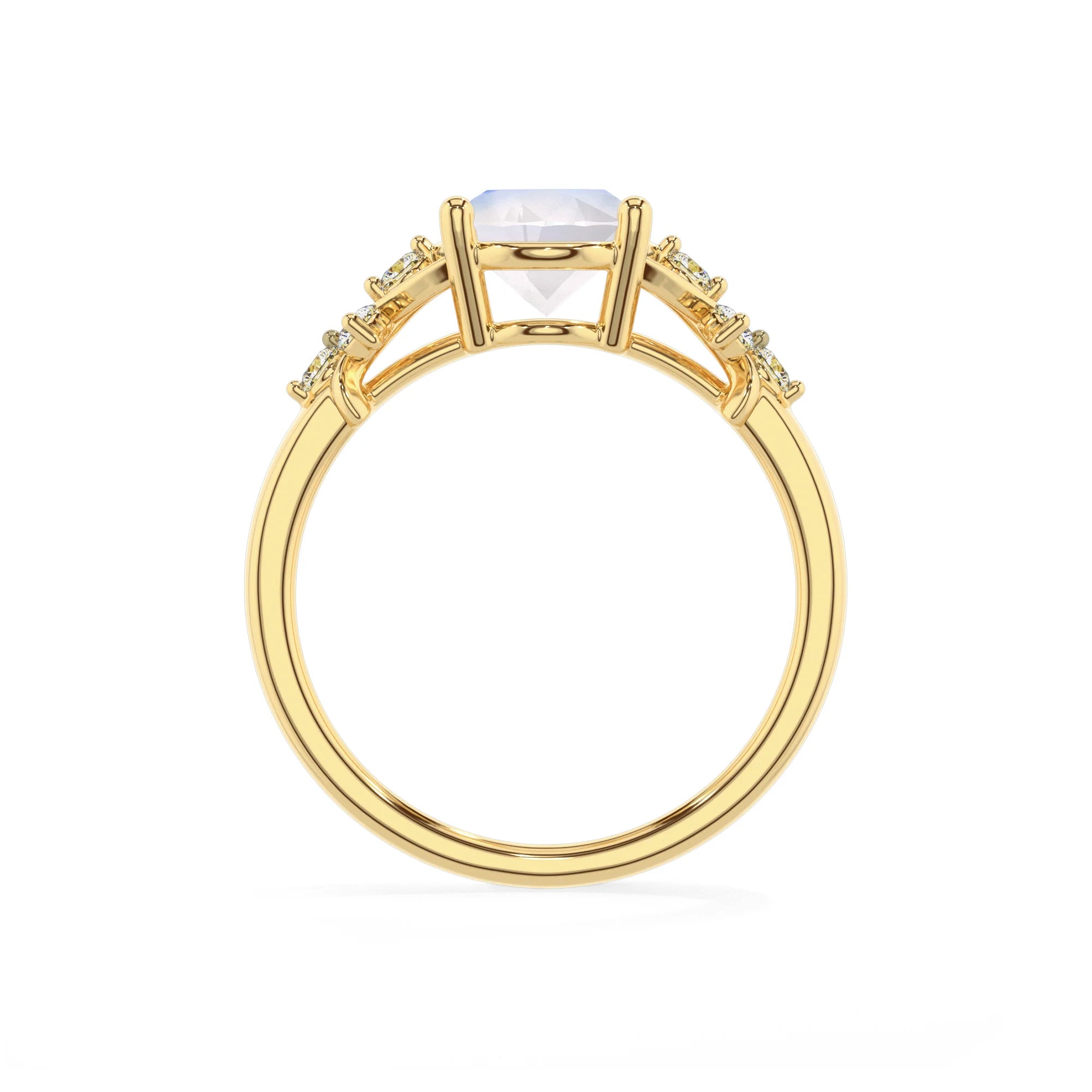 natural rainbow-moonstone oval solitaire rings in yellow gold