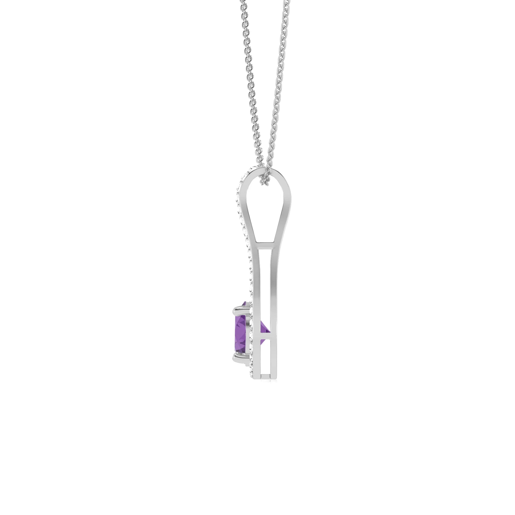 lab grown amethyst round solitaire v-bale necklaces in white gold