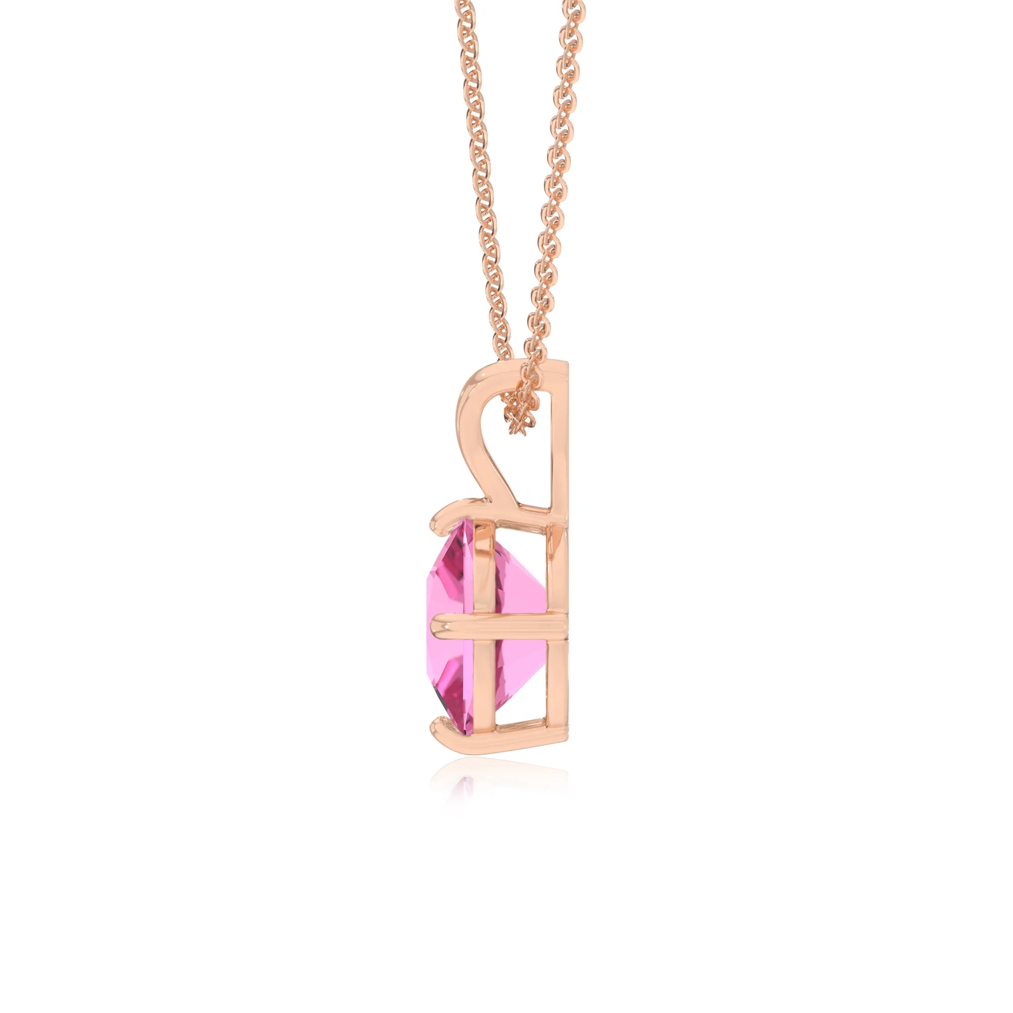 lab grown pink-sapphire cushion solitaire v-bale necklaces in rose gold