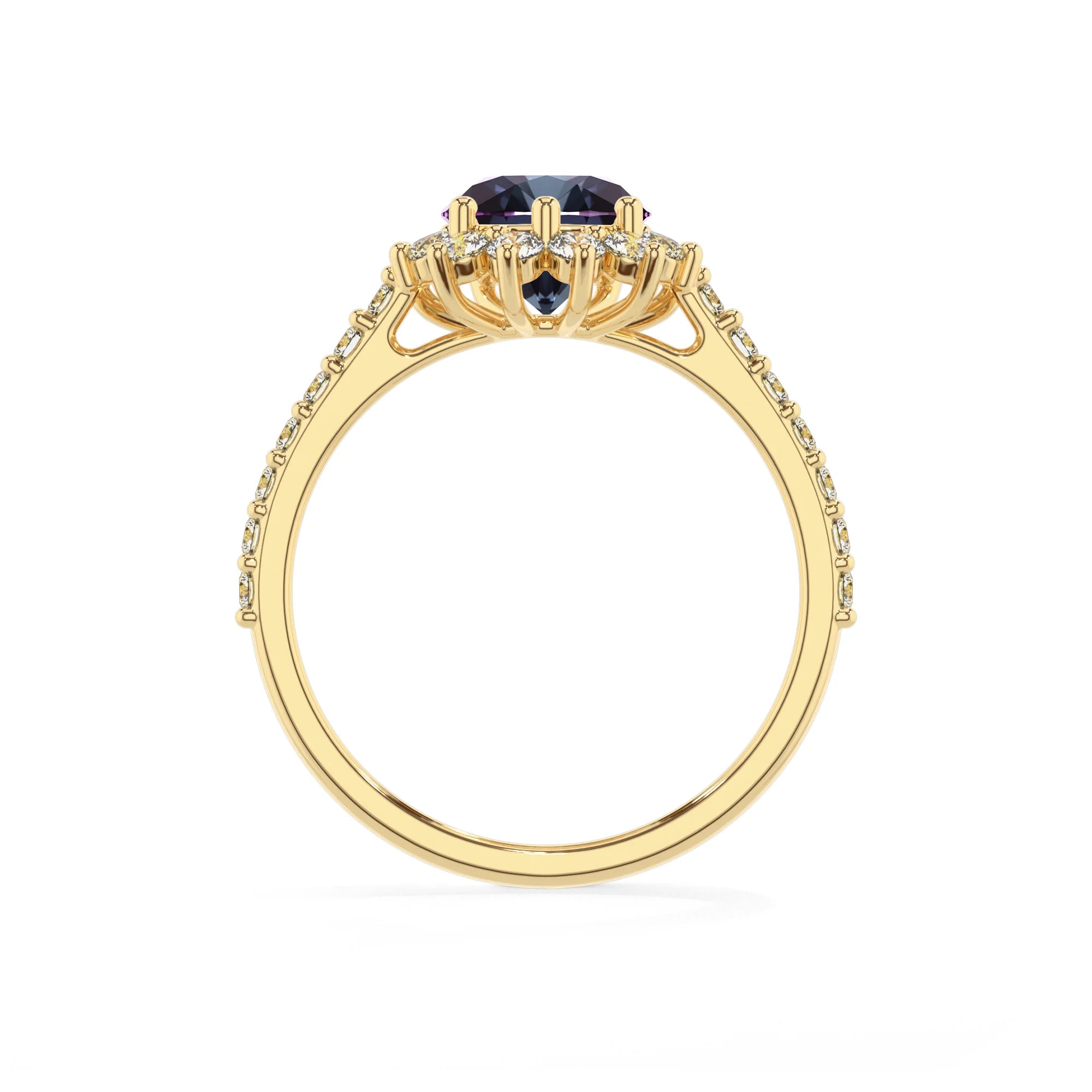 lab grown alexandrite pear solitaire rings in yellow gold