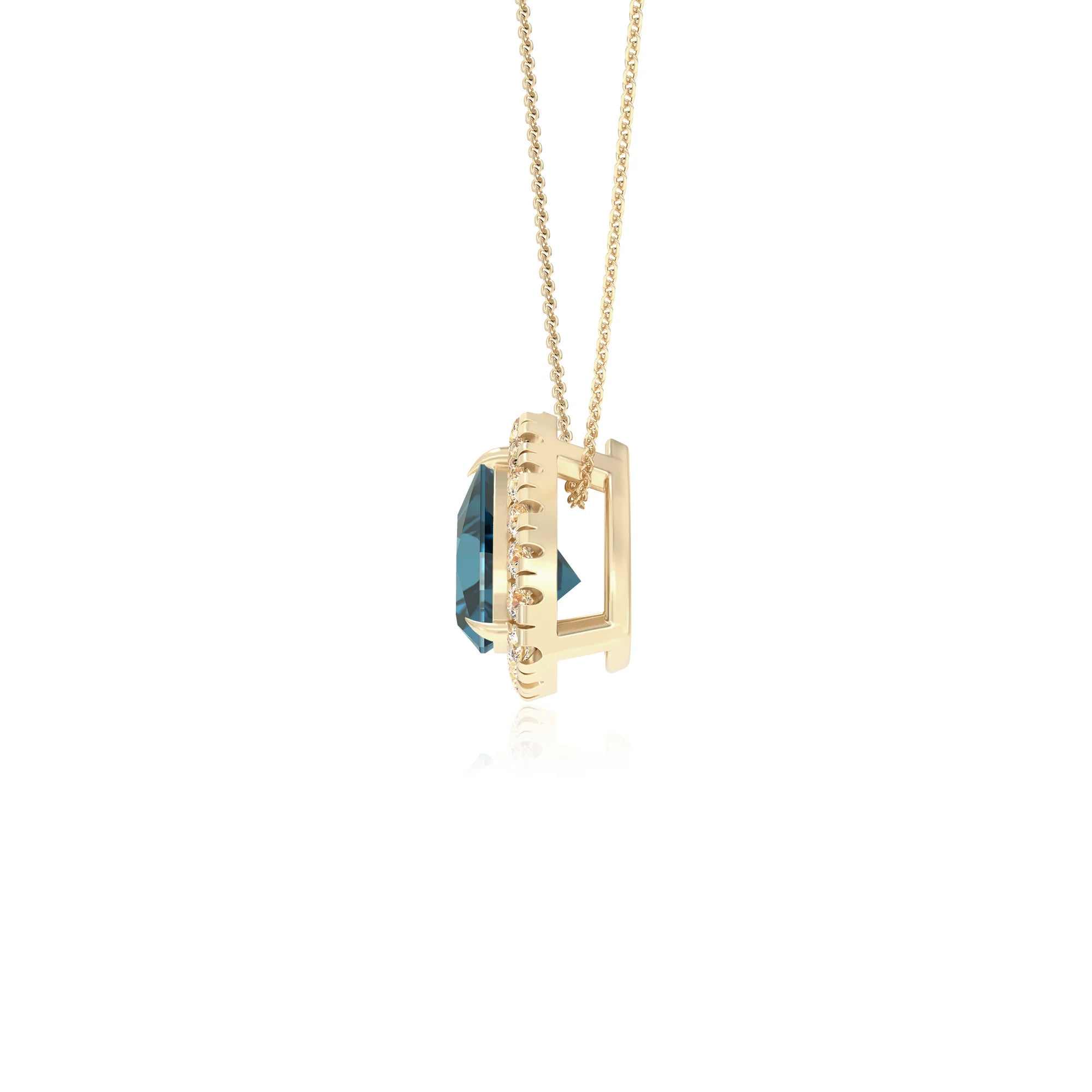 natural london blue topaz trillion solitaire necklaces in yellow gold