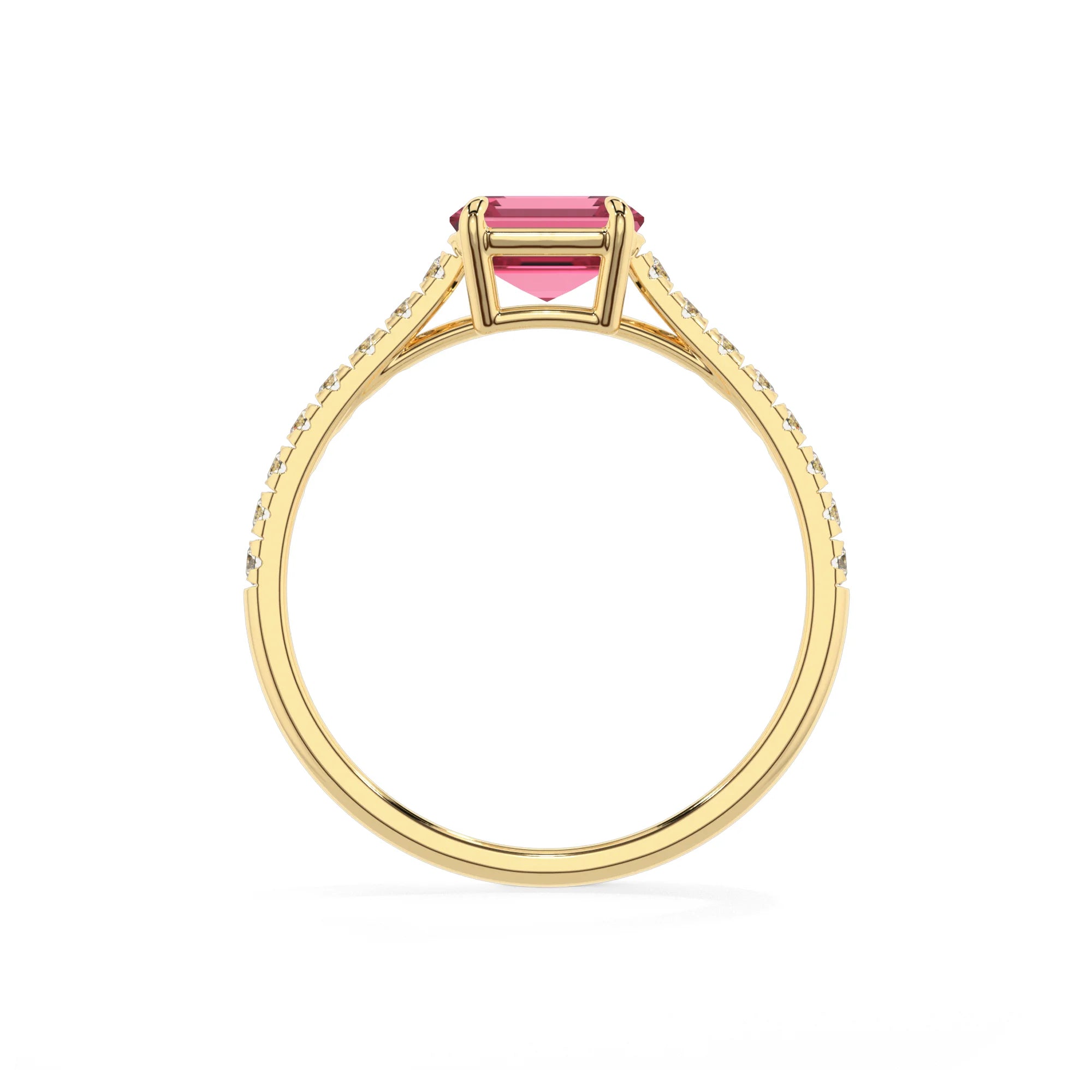 lab grown pink-tourmaline emerald cut half eternity solitaire engagement rings in yellow gold