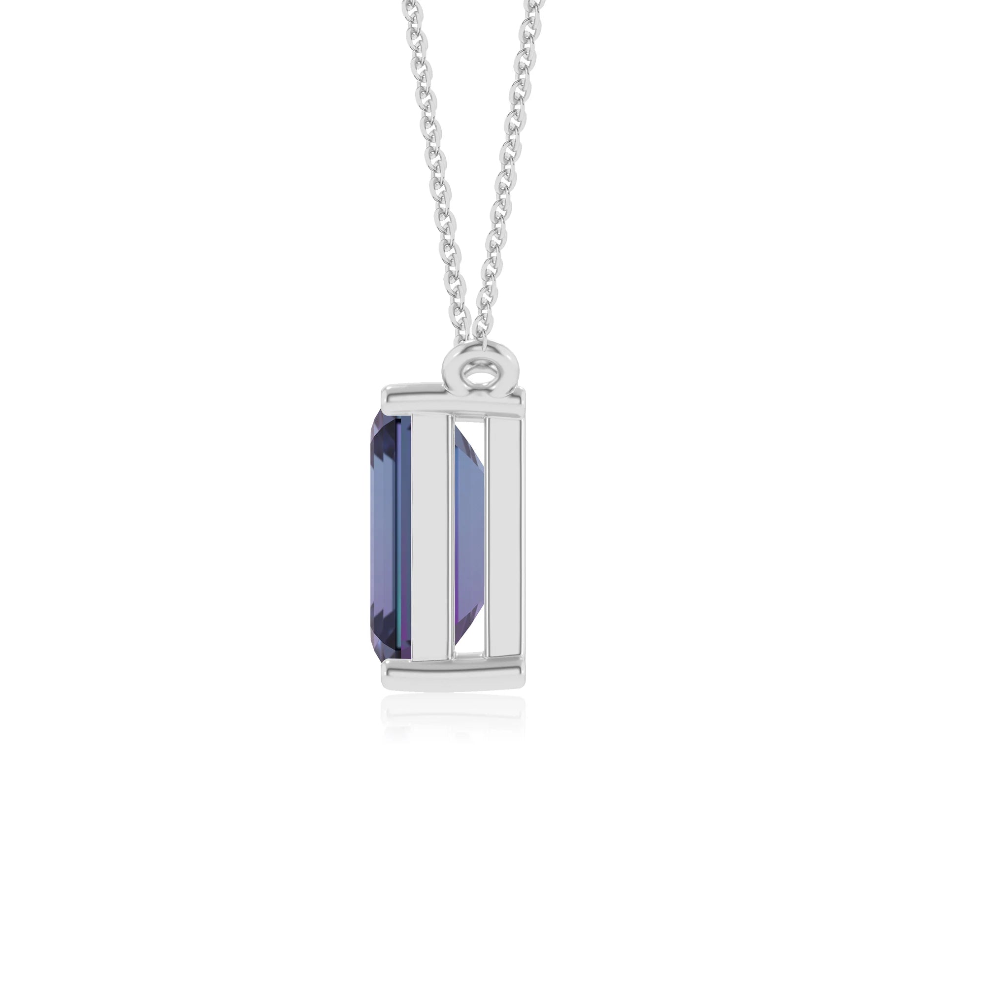 lab grown alexandrite emerald cut solitaire necklaces in white gold