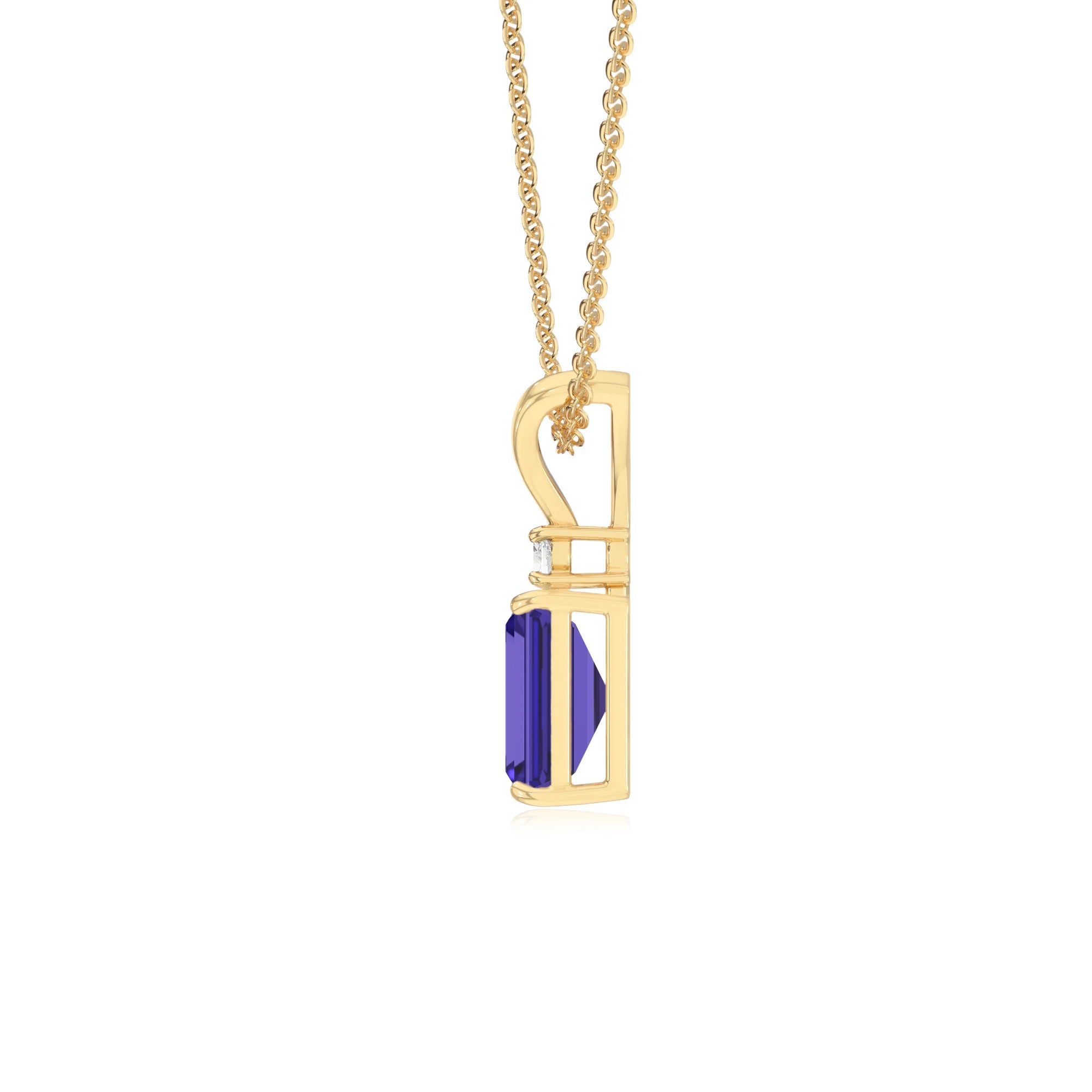 lab grown tanzanite emerald cut solitaire v-bale necklaces in yellow gold