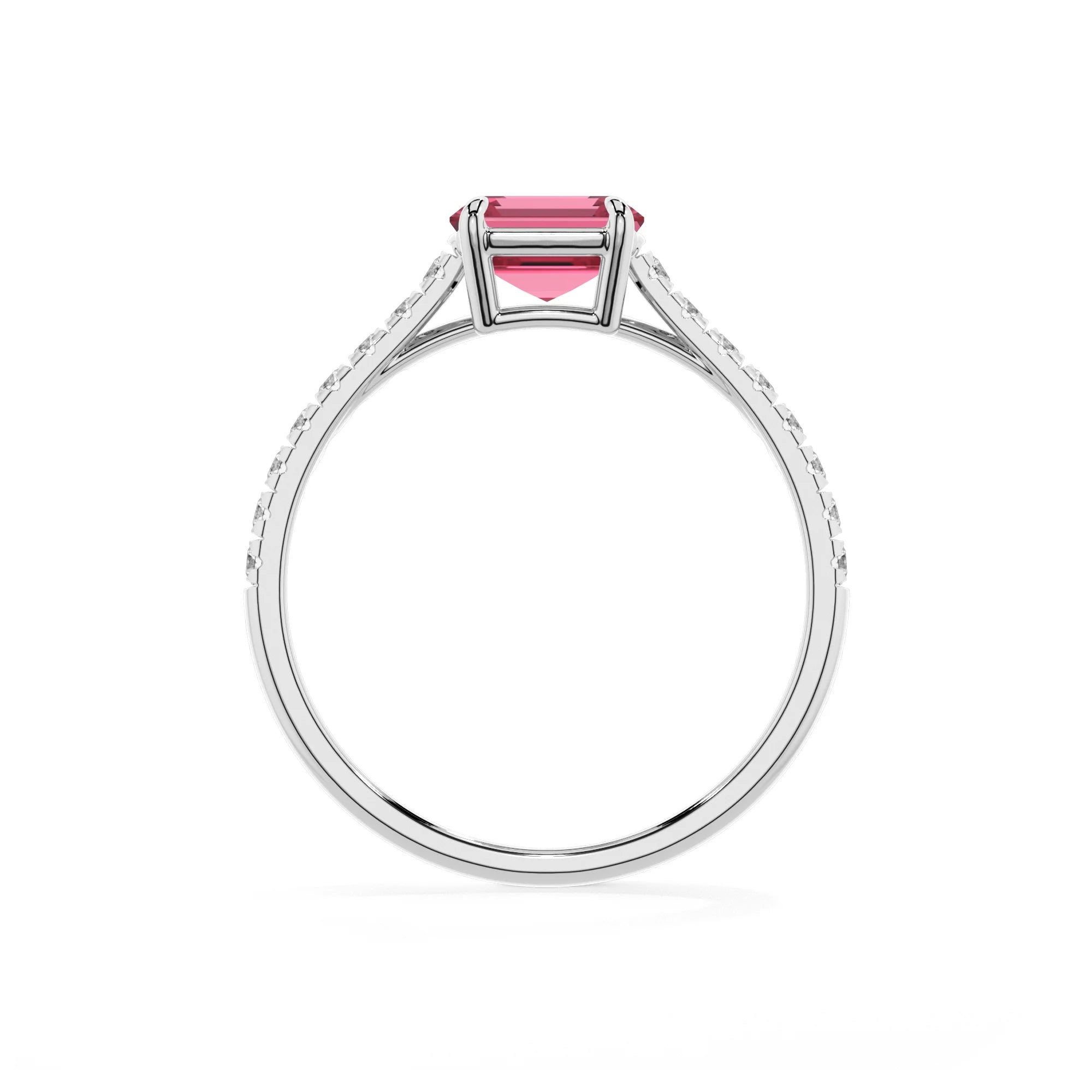 lab grown pink-tourmaline emerald cut half eternity solitaire engagement rings in sterling silver