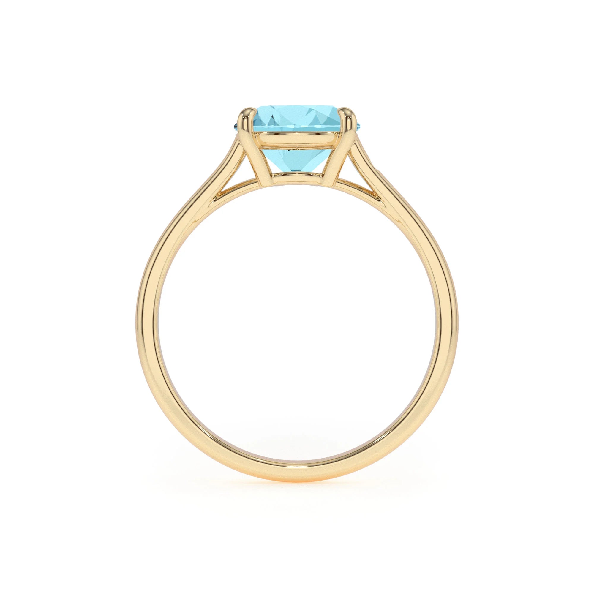 lab grown aquamarine cushion solitaire rings in yellow gold