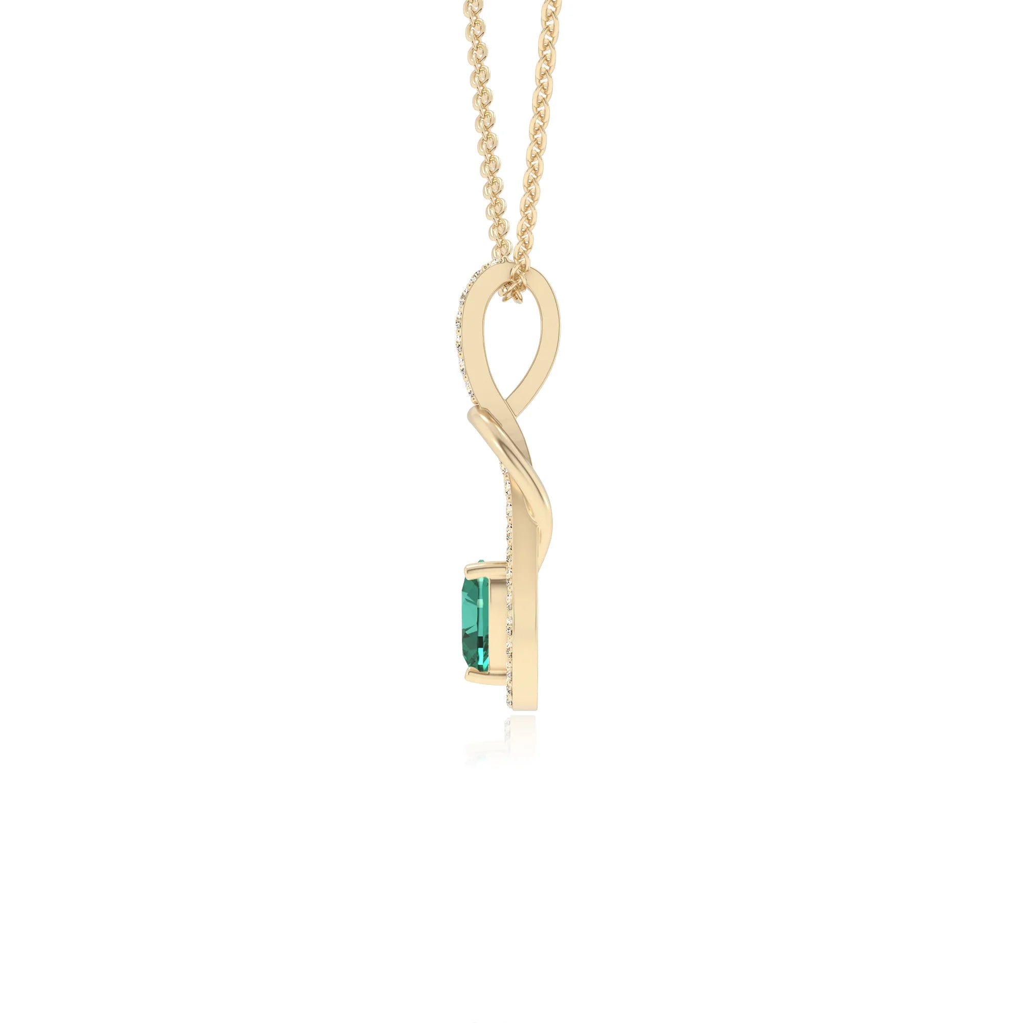 lab grown emerald heart infinity v-bale necklaces in yellow gold