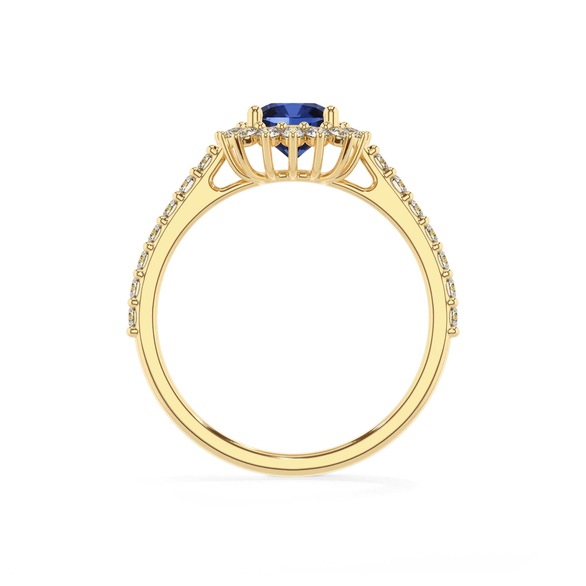 lab grown blue-sapphire cushion solitaire rings in yellow gold