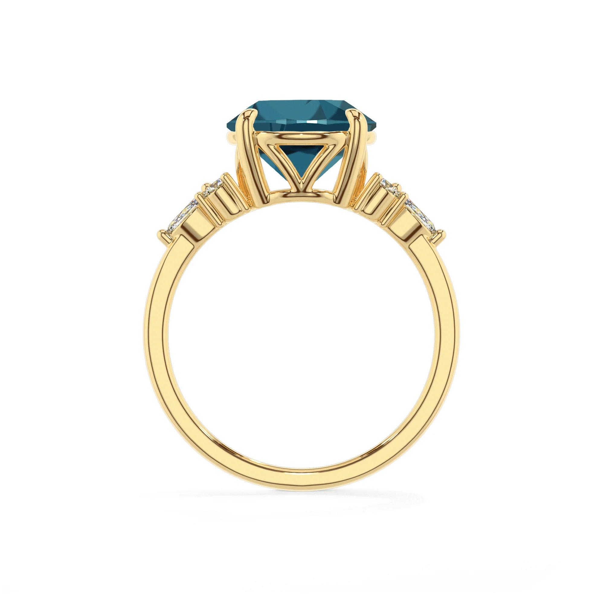 natural london-blue-topaz round solitaire rings in yellow gold