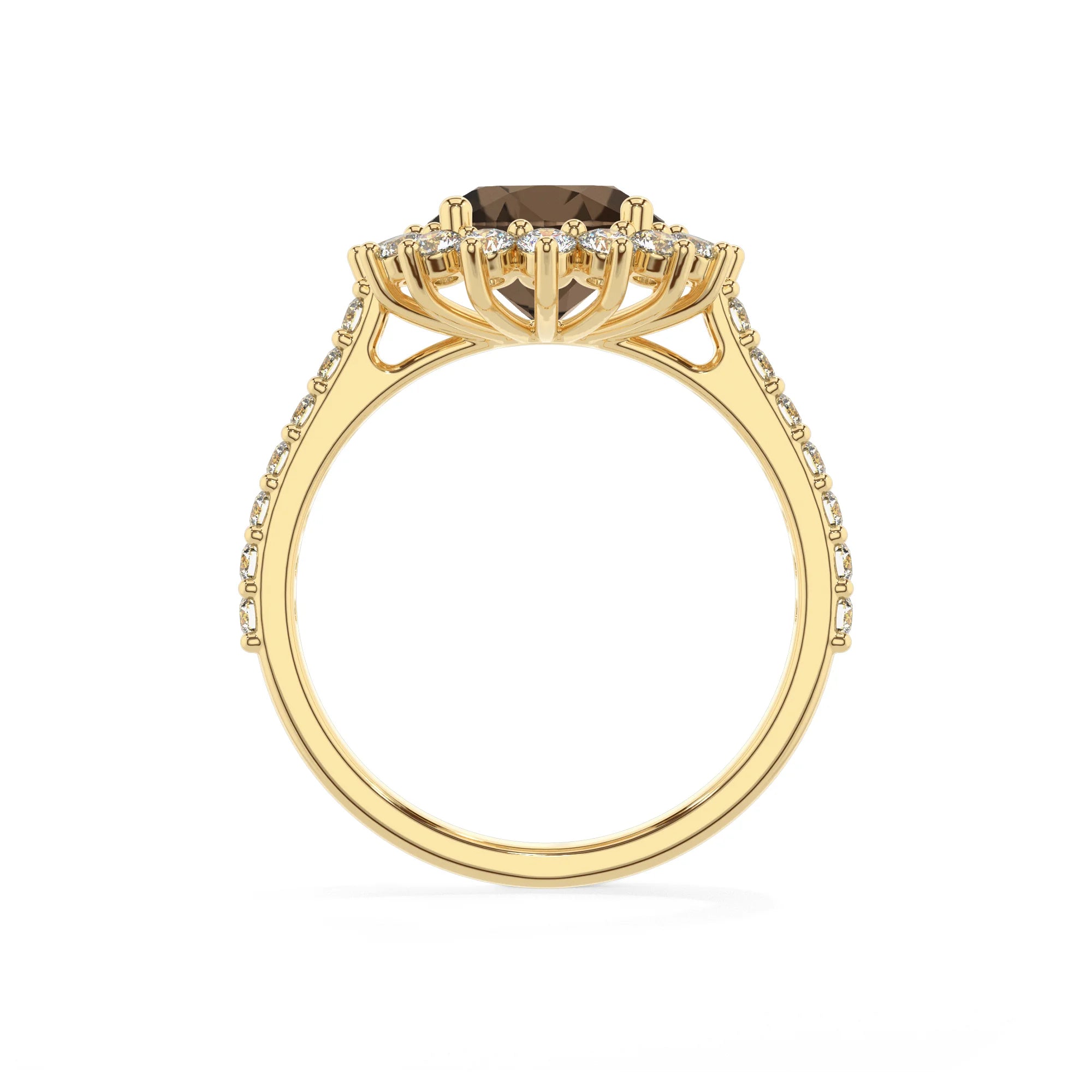 natural smoky-quartz round solitaire rings in yellow gold